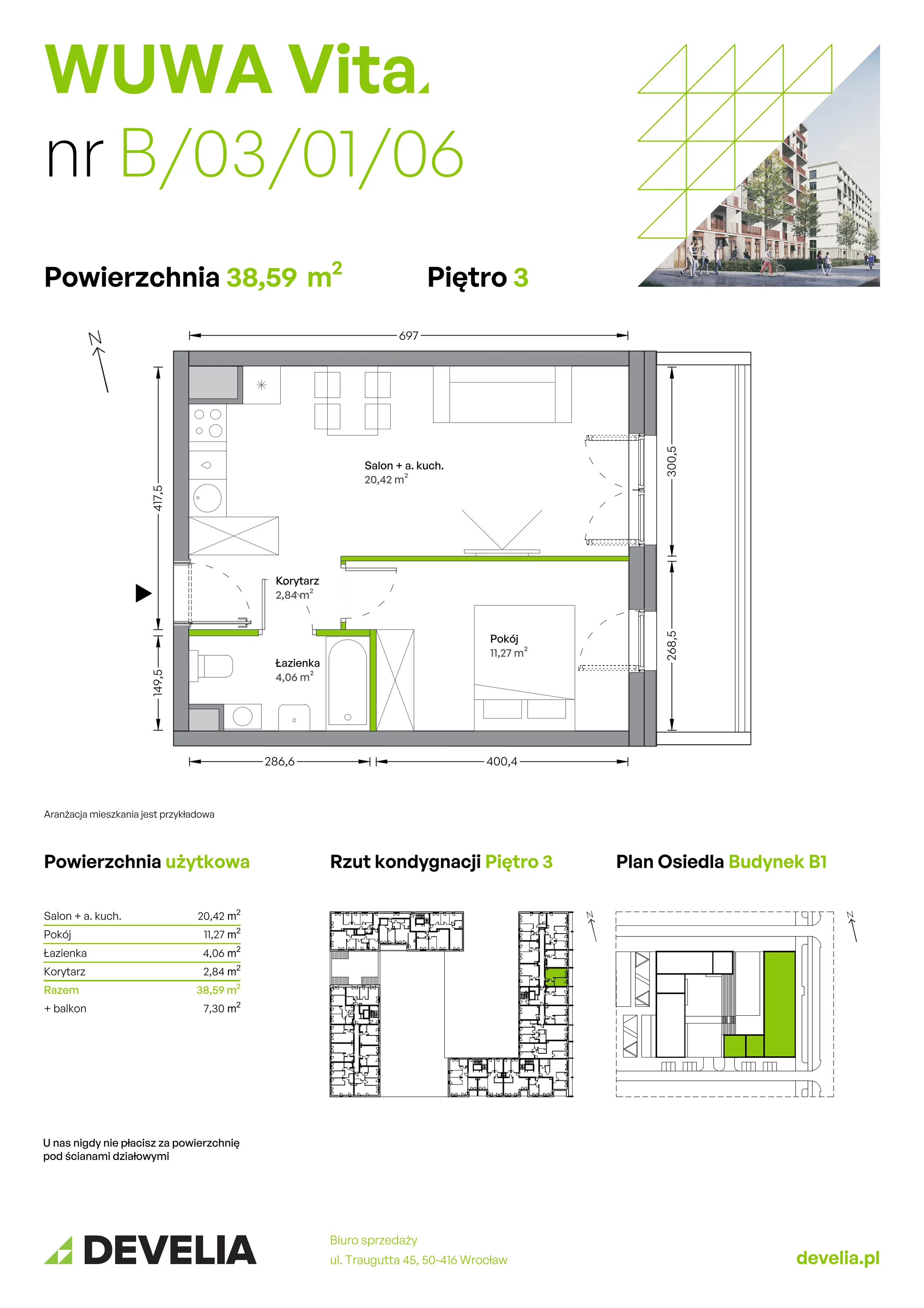Mieszkanie 38,59 m², piętro 3, oferta nr B.03.01.06, WUWA Vita, Wrocław, Żerniki, Fabryczna, ul. Tadeusza Brzozy