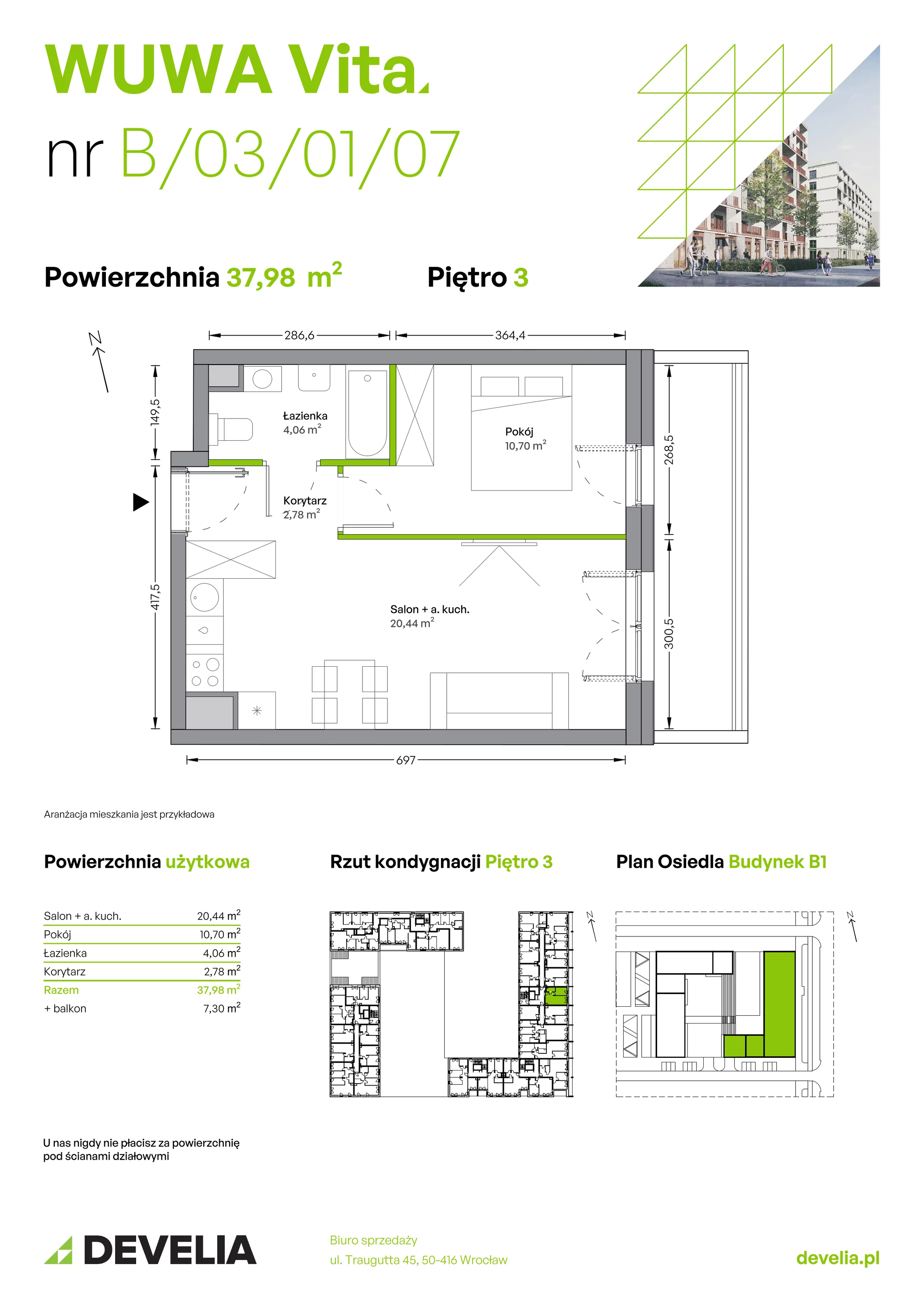 Mieszkanie 37,98 m², piętro 3, oferta nr B.03.01.07, WUWA Vita, Wrocław, Żerniki, Fabryczna, ul. Tadeusza Brzozy