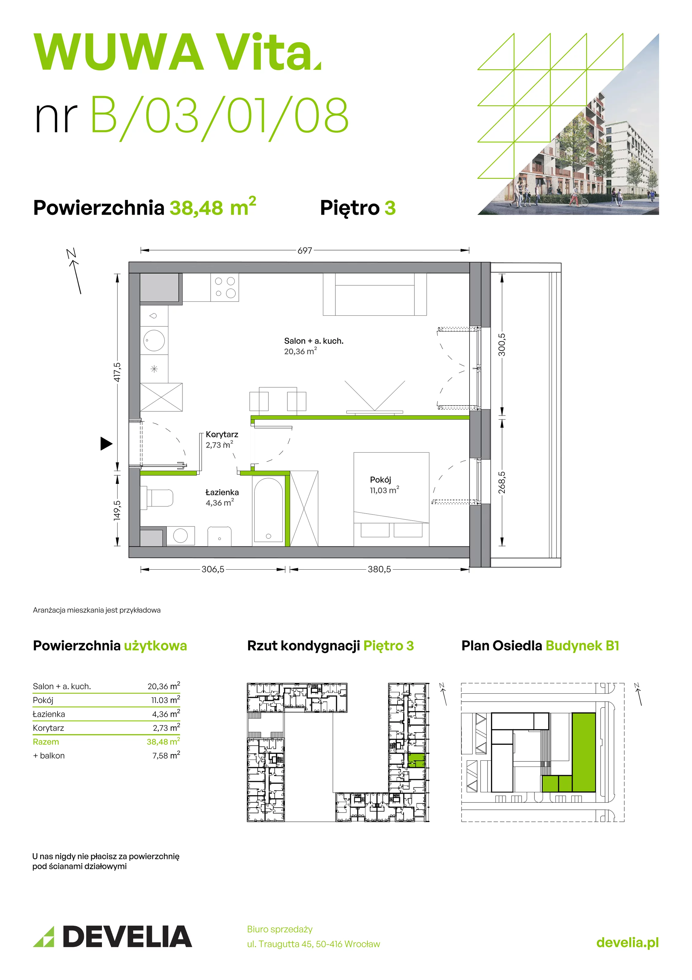 Mieszkanie 38,48 m², piętro 3, oferta nr B.03.01.08, WUWA Vita, Wrocław, Żerniki, Fabryczna, ul. Tadeusza Brzozy