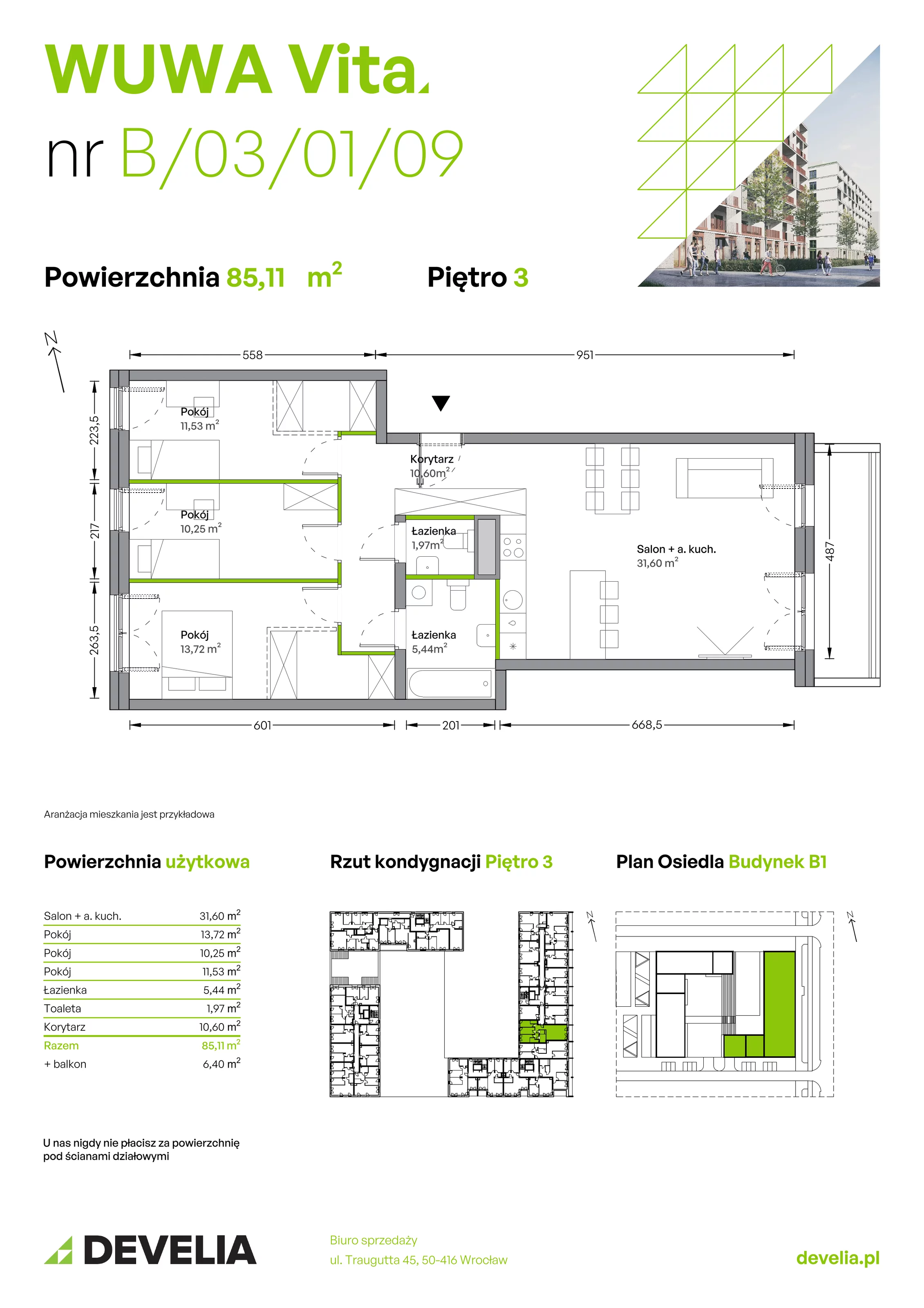 4 pokoje, mieszkanie 85,11 m², piętro 3, oferta nr B.03.01.09, WUWA Vita, Wrocław, Żerniki, Fabryczna, ul. Tadeusza Brzozy