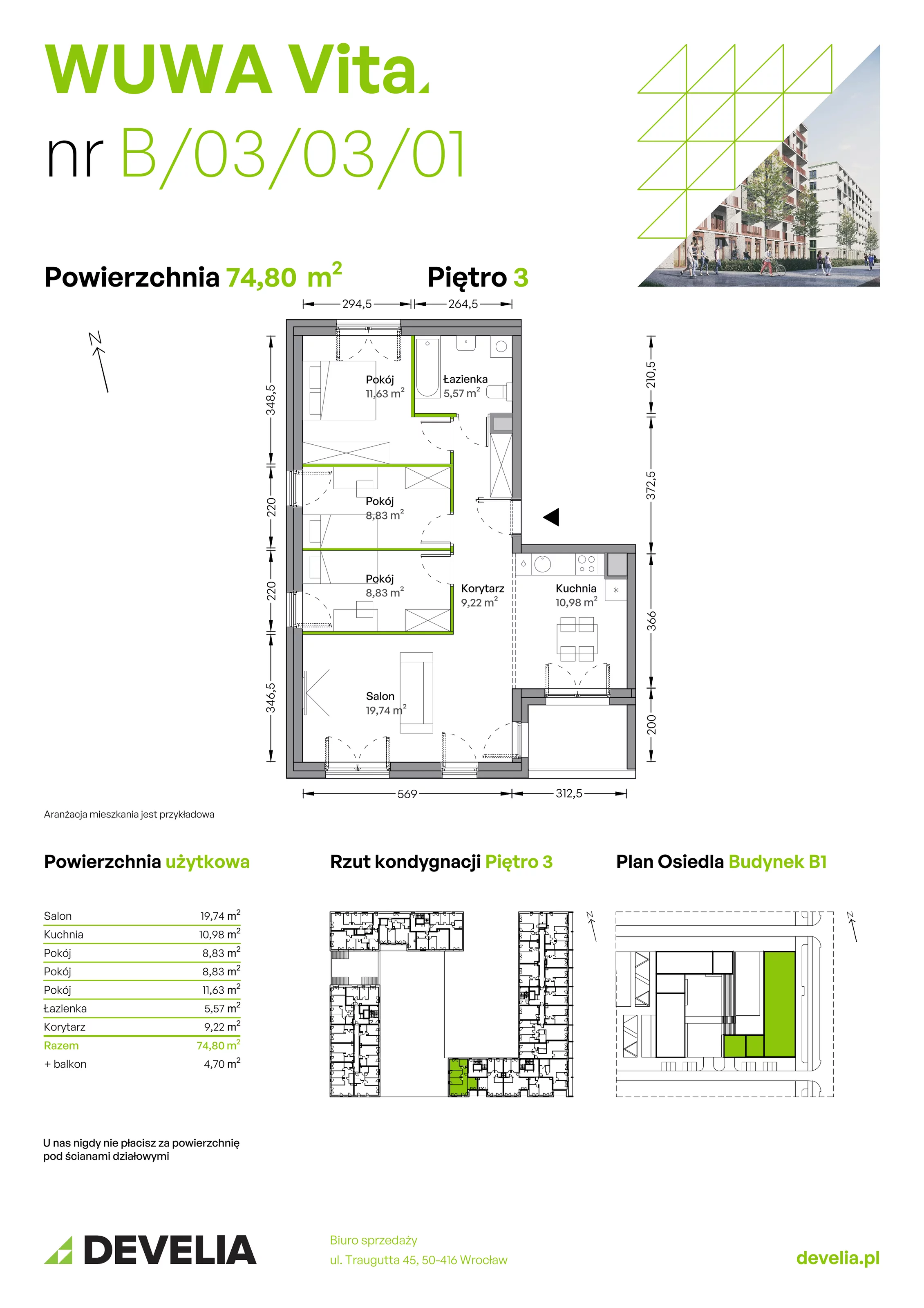 4 pokoje, mieszkanie 74,80 m², piętro 3, oferta nr B.03.03.01, WUWA Vita, Wrocław, Żerniki, Fabryczna, ul. Tadeusza Brzozy