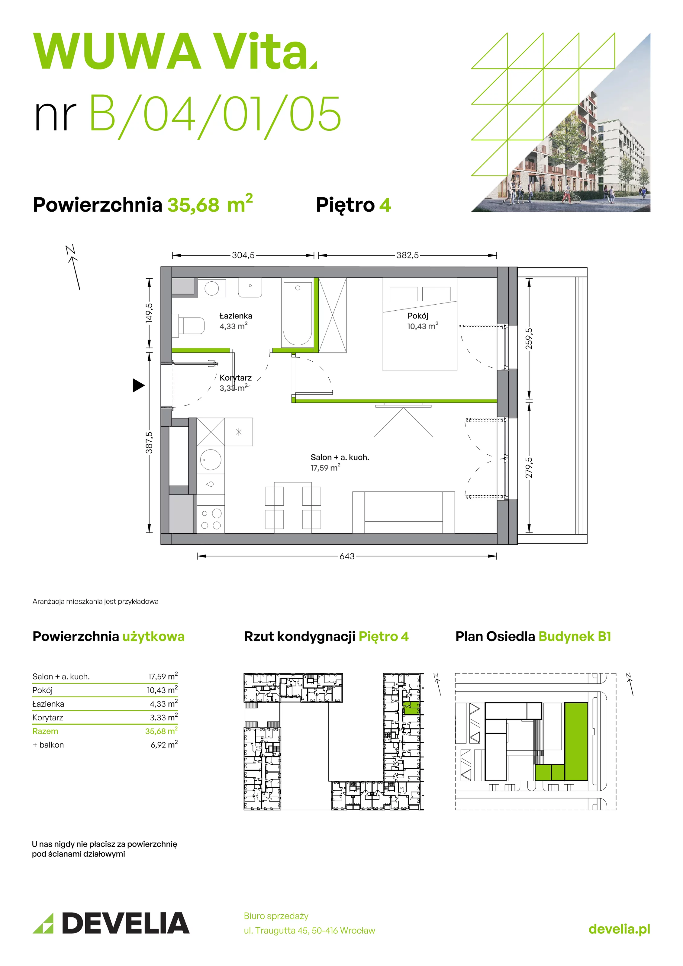 Mieszkanie 35,68 m², piętro 4, oferta nr B.04.01.05, WUWA Vita, Wrocław, Żerniki, Fabryczna, ul. Tadeusza Brzozy