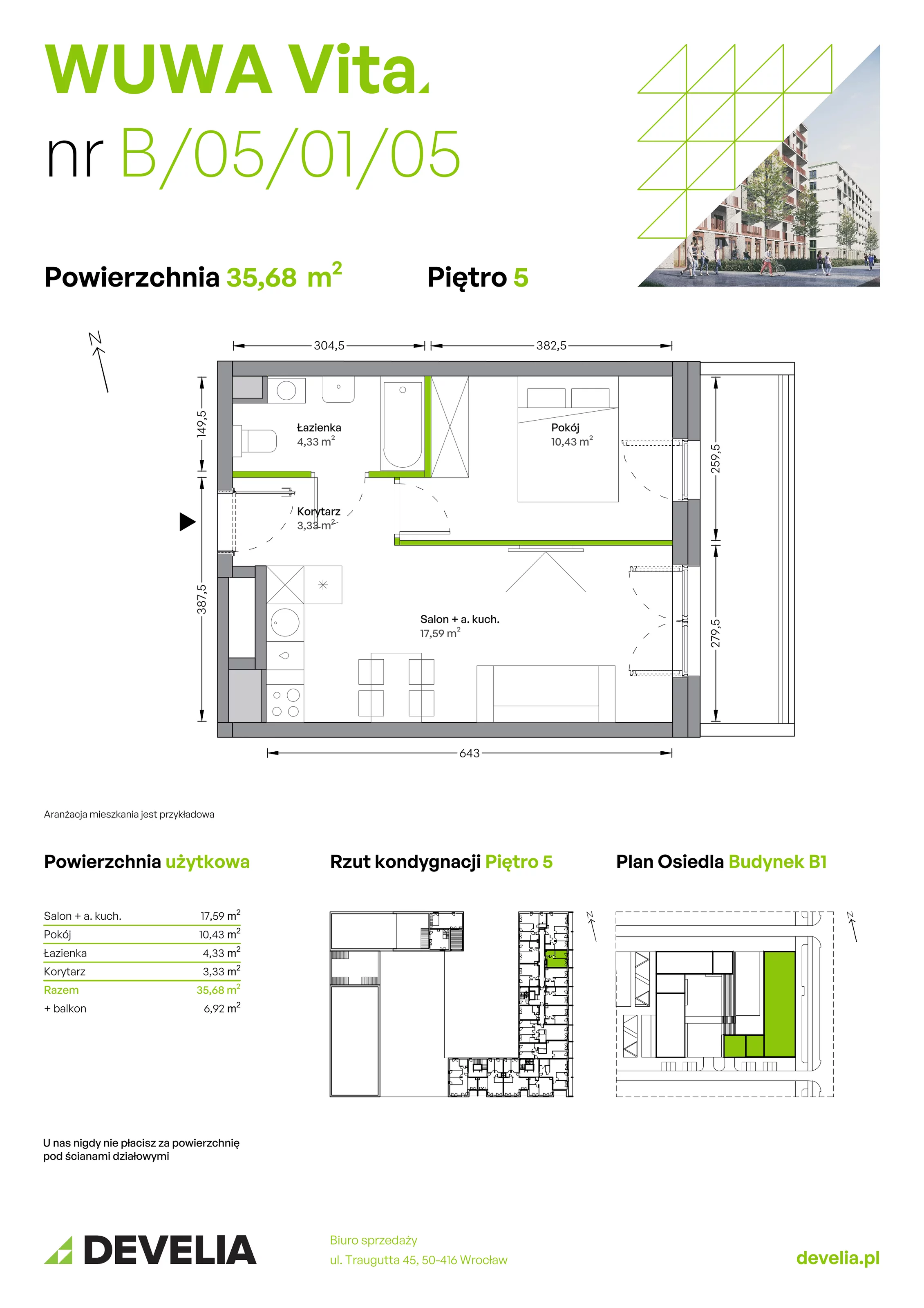 2 pokoje, mieszkanie 35,68 m², piętro 5, oferta nr B.05.01.05, WUWA Vita, Wrocław, Żerniki, Fabryczna, ul. Tadeusza Brzozy