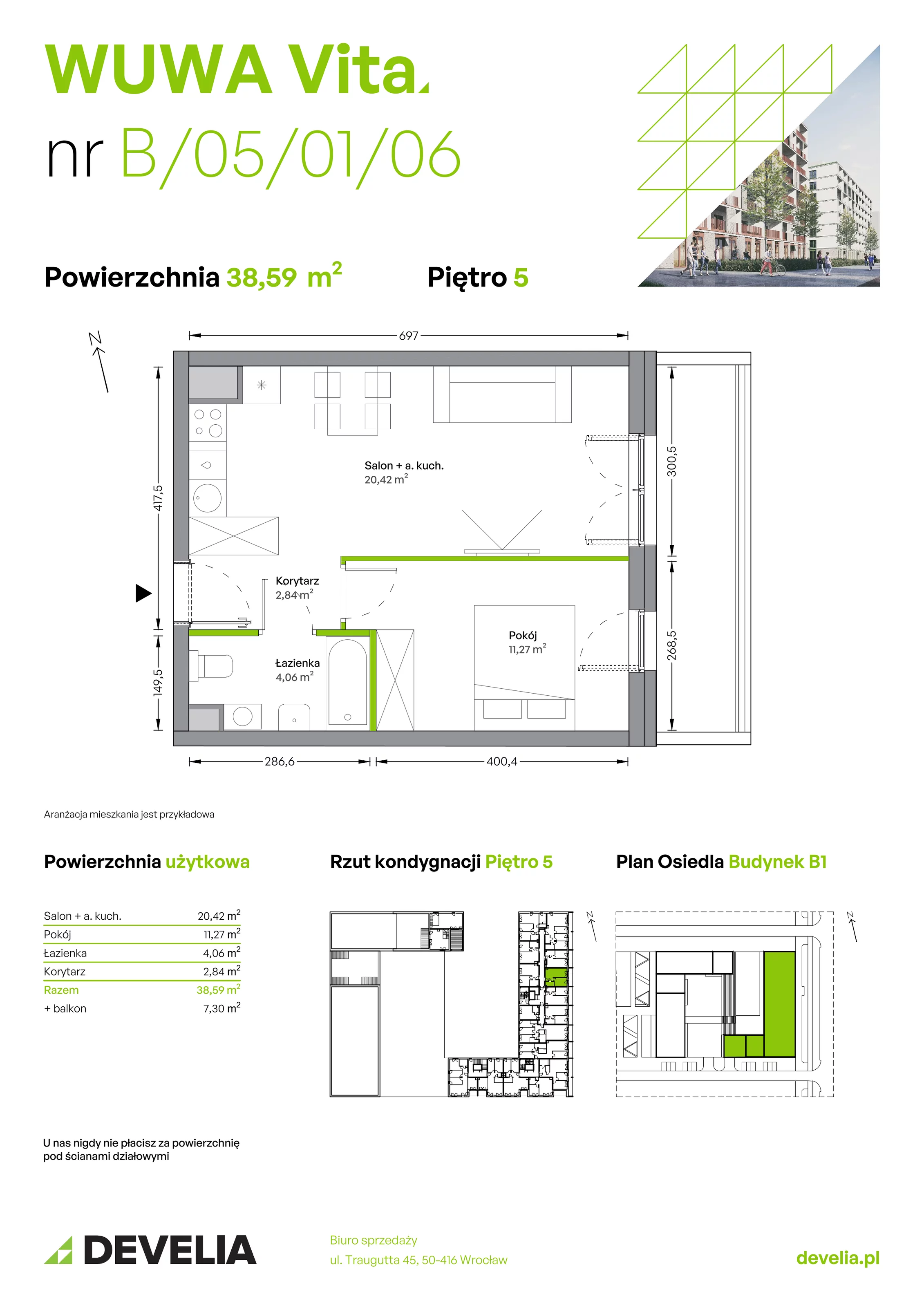 Mieszkanie 38,59 m², piętro 5, oferta nr B.05.01.06, WUWA Vita, Wrocław, Żerniki, Fabryczna, ul. Tadeusza Brzozy