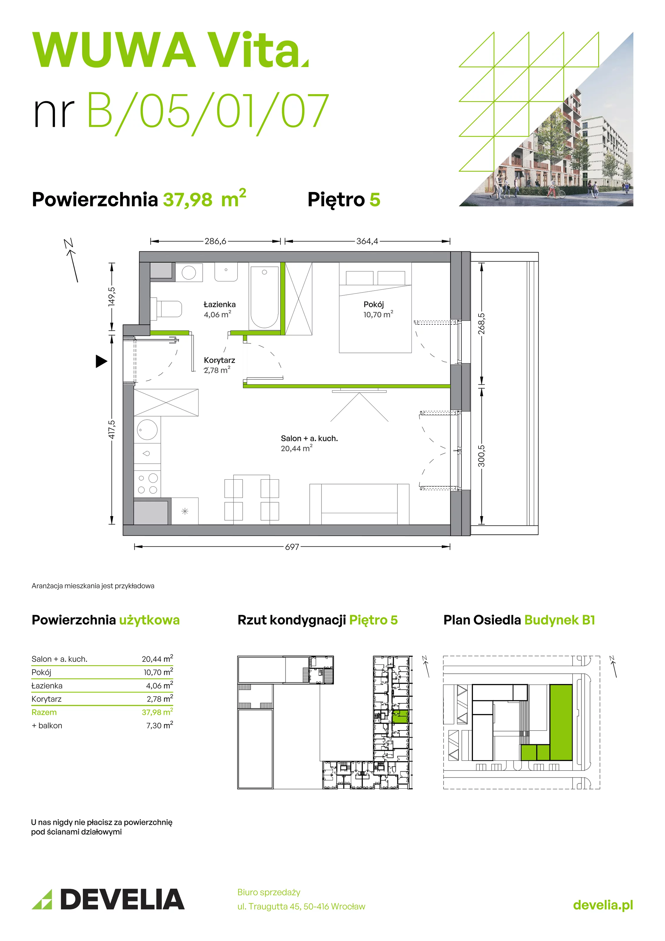 Mieszkanie 37,98 m², piętro 5, oferta nr B.05.01.07, WUWA Vita, Wrocław, Żerniki, Fabryczna, ul. Tadeusza Brzozy
