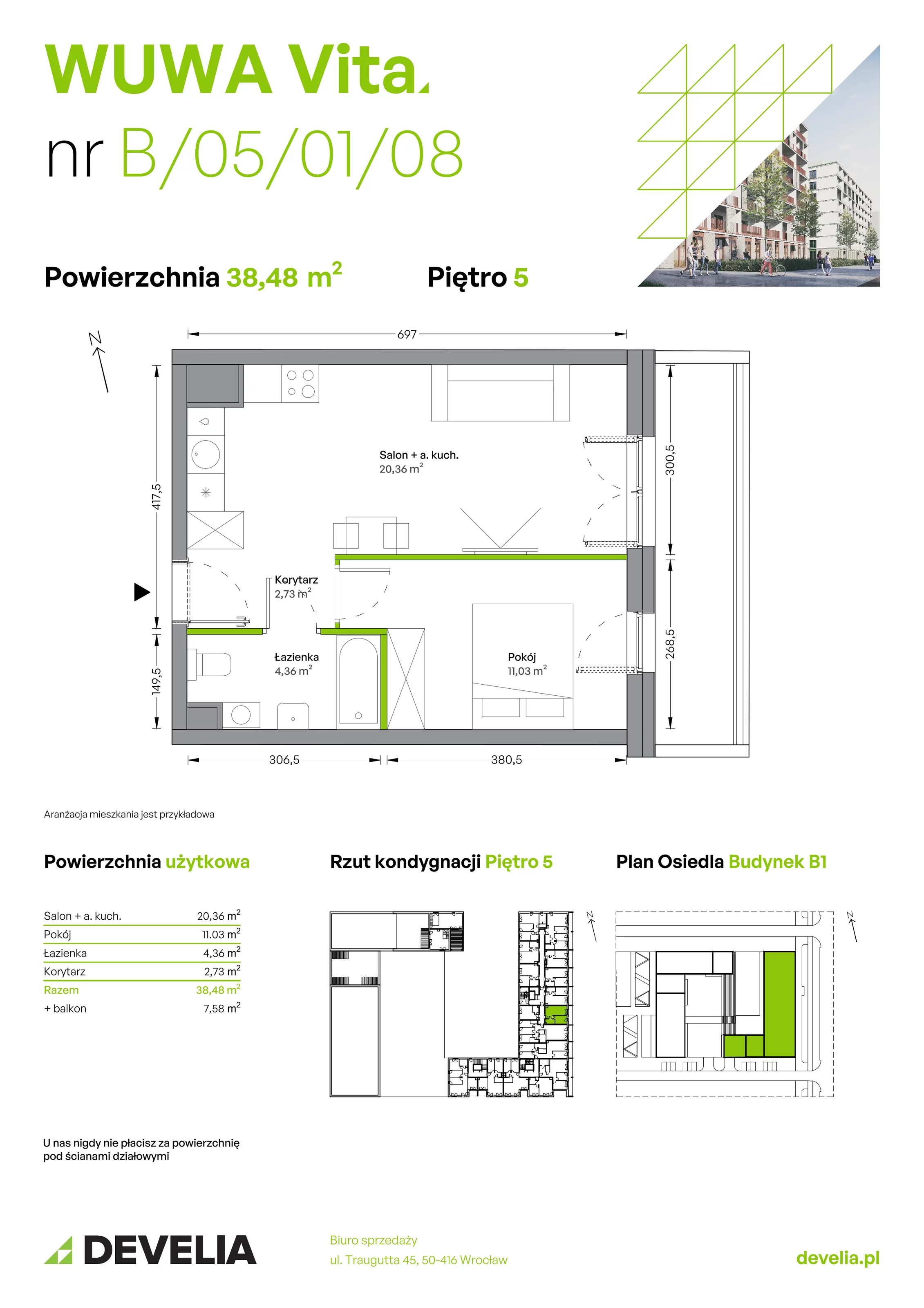 Mieszkanie 38,48 m², piętro 5, oferta nr B.05.01.08, WUWA Vita, Wrocław, Żerniki, Fabryczna, ul. Tadeusza Brzozy