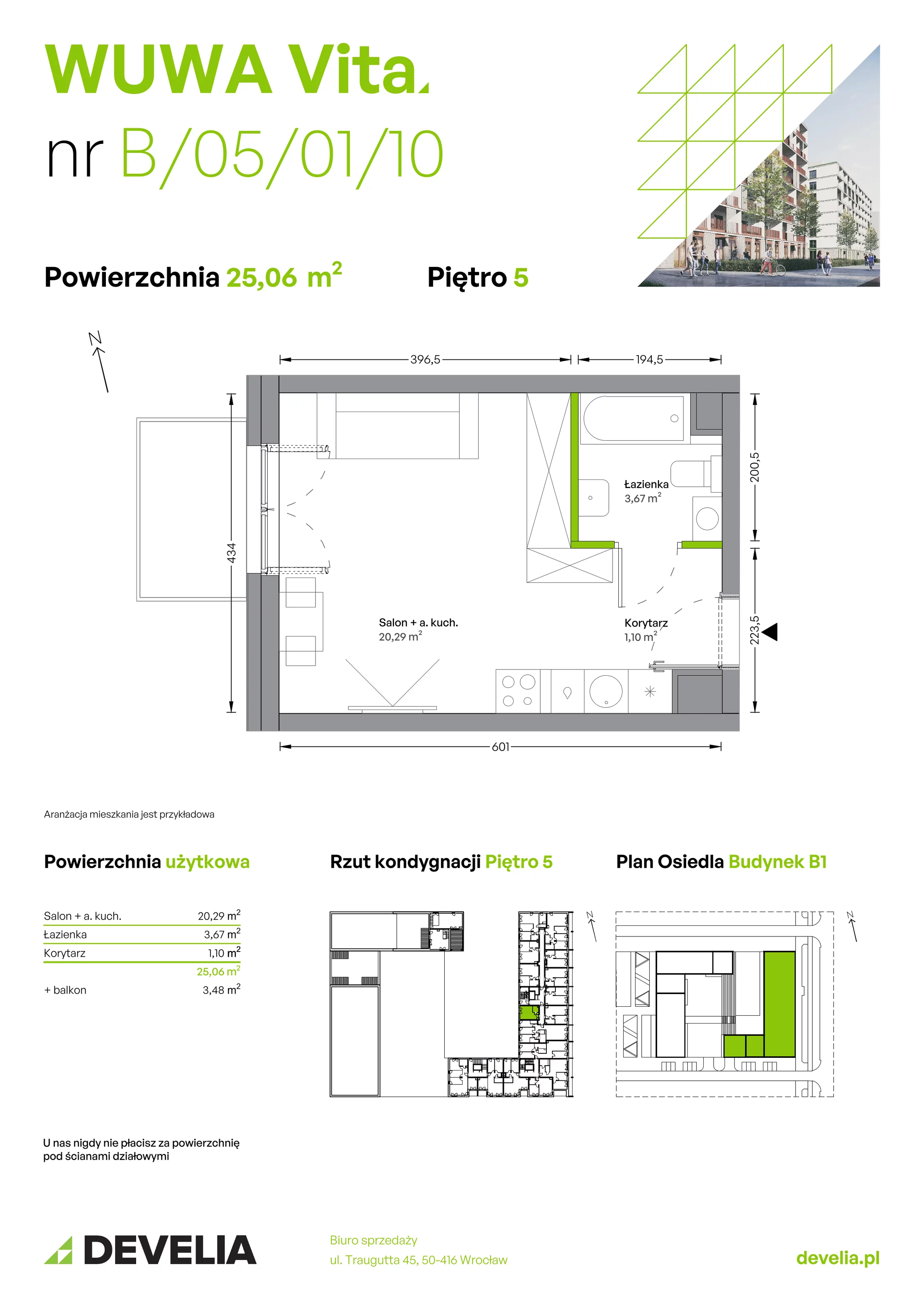 Mieszkanie 25,06 m², piętro 5, oferta nr B.05.01.10, WUWA Vita, Wrocław, Żerniki, Fabryczna, ul. Tadeusza Brzozy