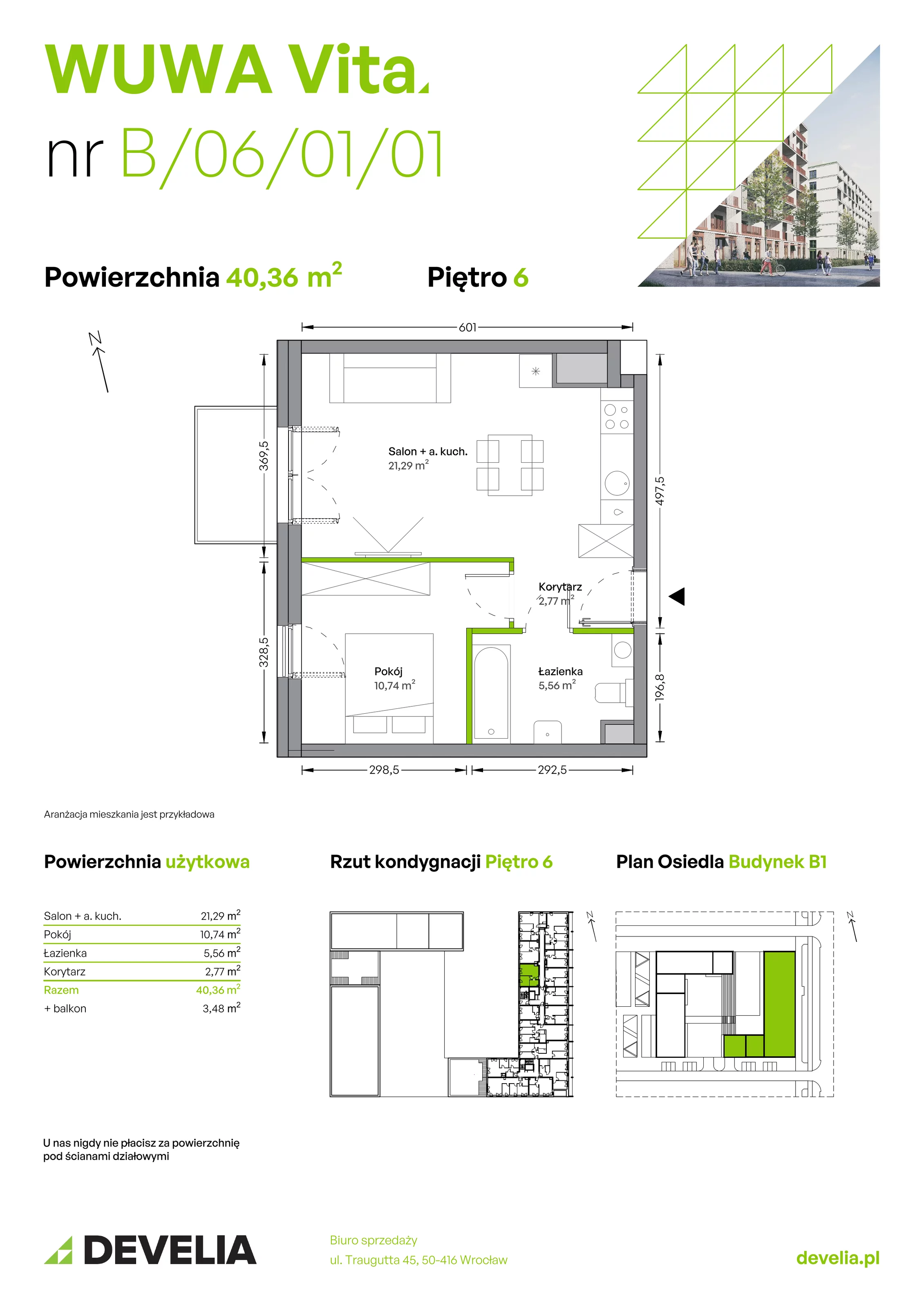 2 pokoje, mieszkanie 40,36 m², piętro 6, oferta nr B.06.01.01, WUWA Vita, Wrocław, Żerniki, Fabryczna, ul. Tadeusza Brzozy