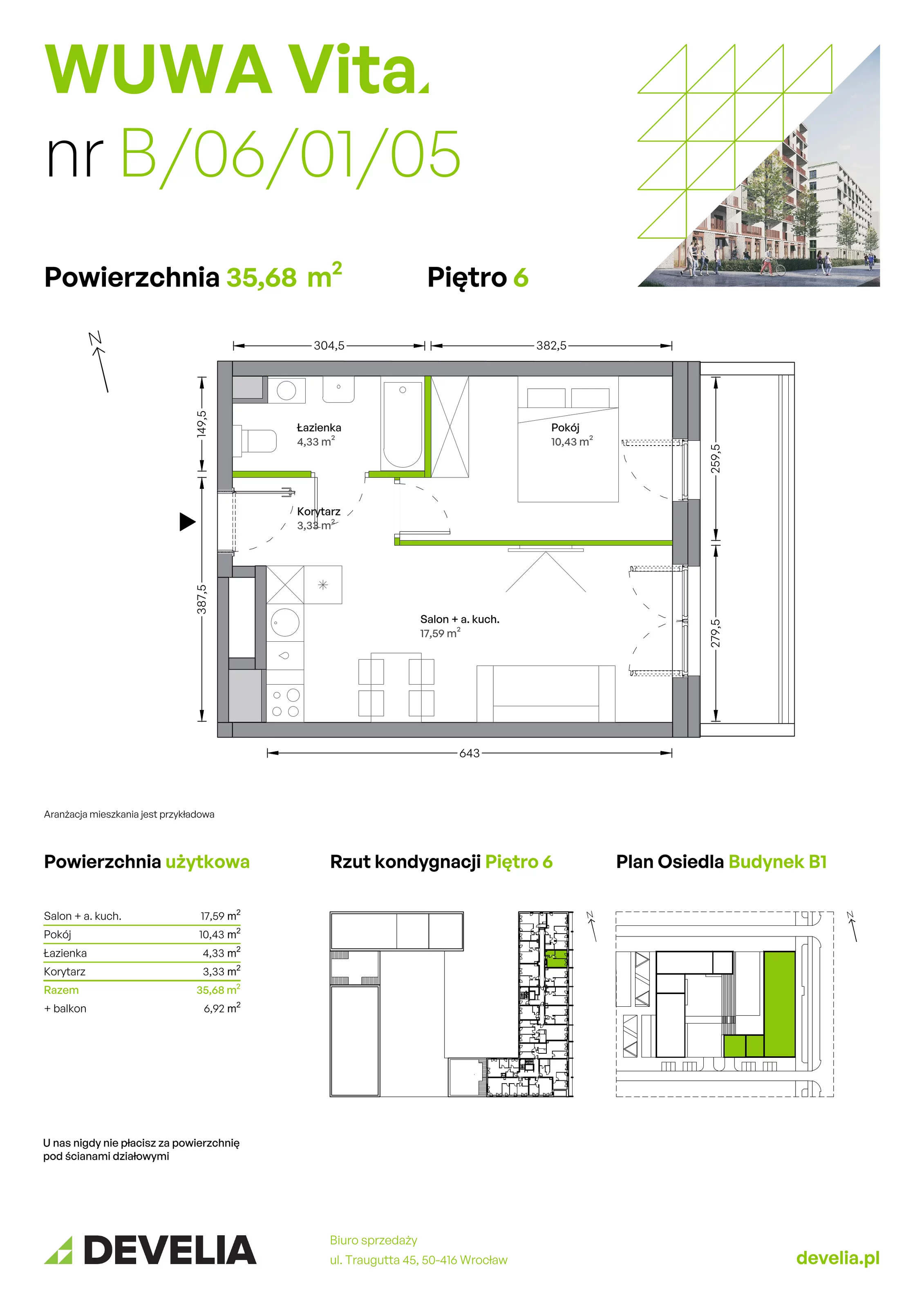 Mieszkanie 35,68 m², piętro 6, oferta nr B.06.01.05, WUWA Vita, Wrocław, Żerniki, Fabryczna, ul. Tadeusza Brzozy