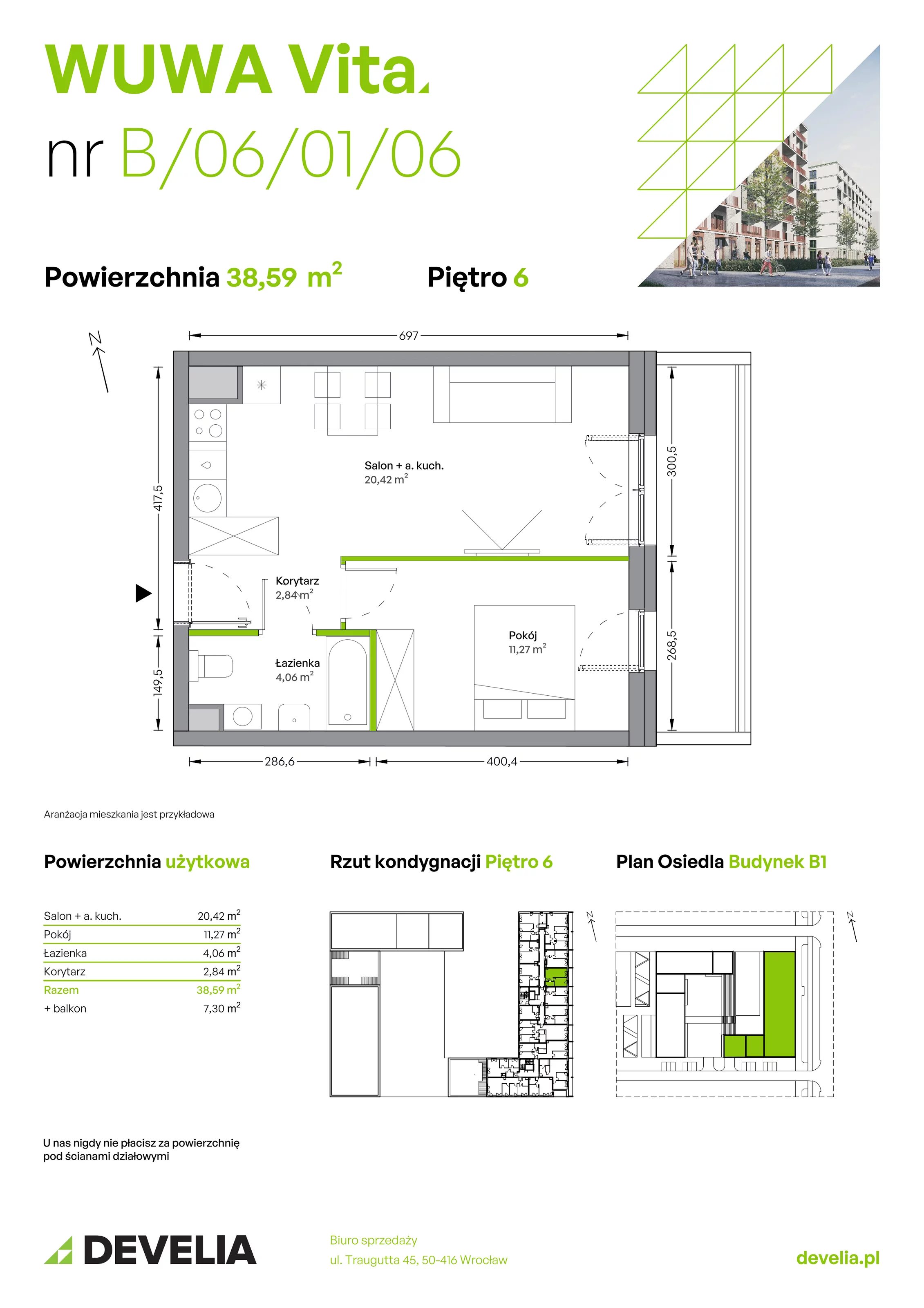 Mieszkanie 38,59 m², piętro 6, oferta nr B.06.01.06, WUWA Vita, Wrocław, Żerniki, Fabryczna, ul. Tadeusza Brzozy