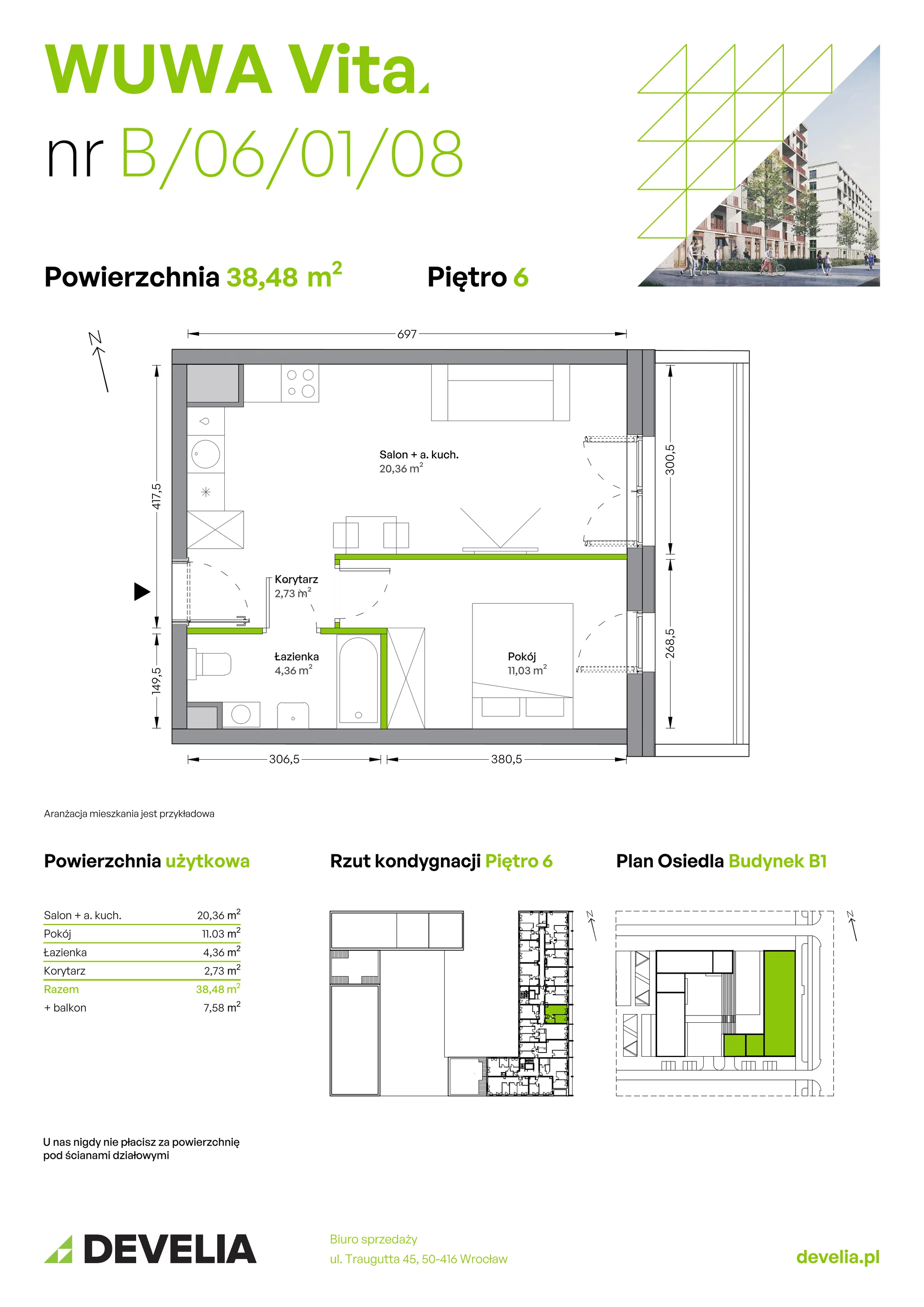 Mieszkanie 38,48 m², piętro 6, oferta nr B.06.01.08, WUWA Vita, Wrocław, Żerniki, Fabryczna, ul. Tadeusza Brzozy