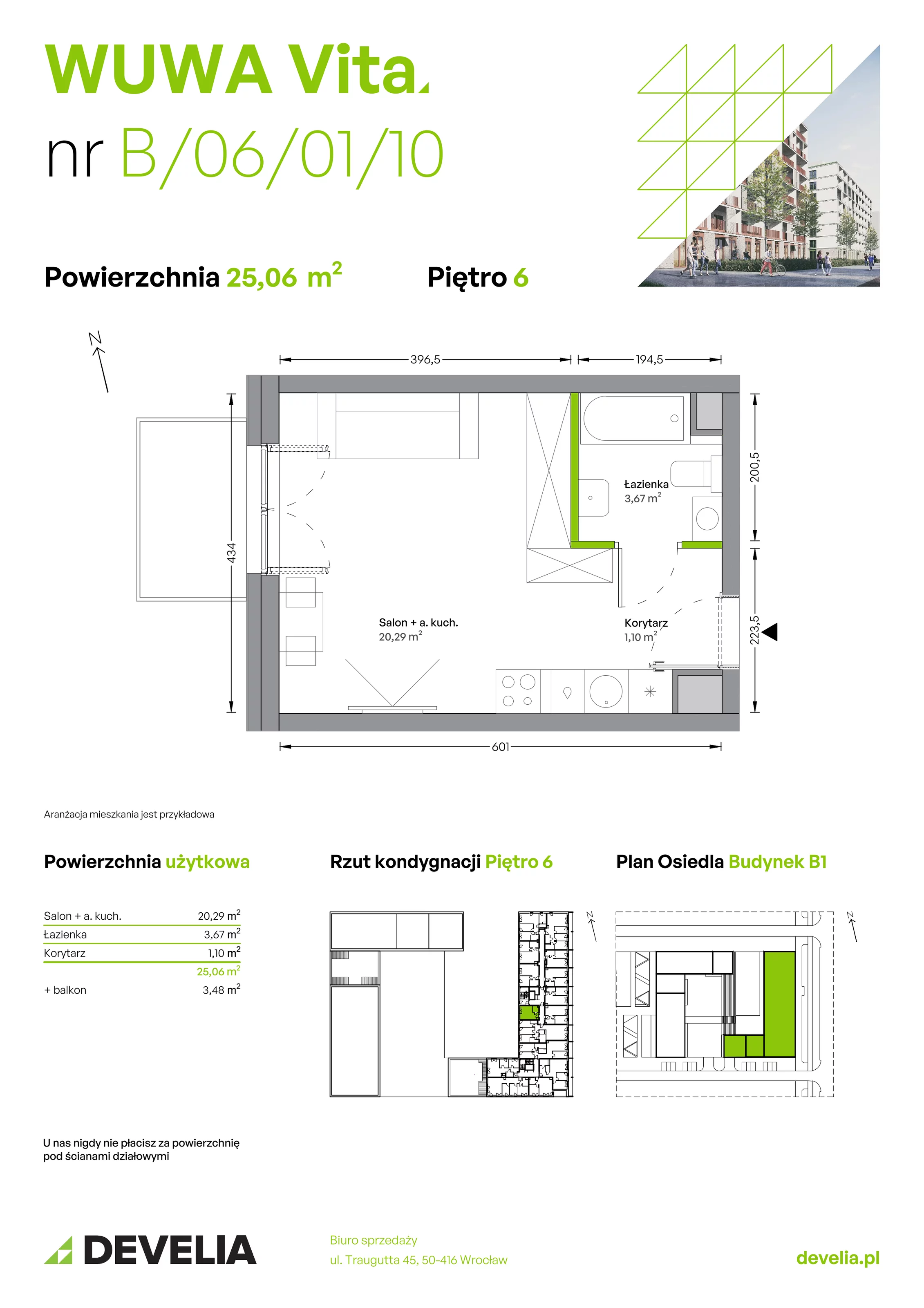Mieszkanie 25,06 m², piętro 6, oferta nr B.06.01.10, WUWA Vita, Wrocław, Żerniki, Fabryczna, ul. Tadeusza Brzozy