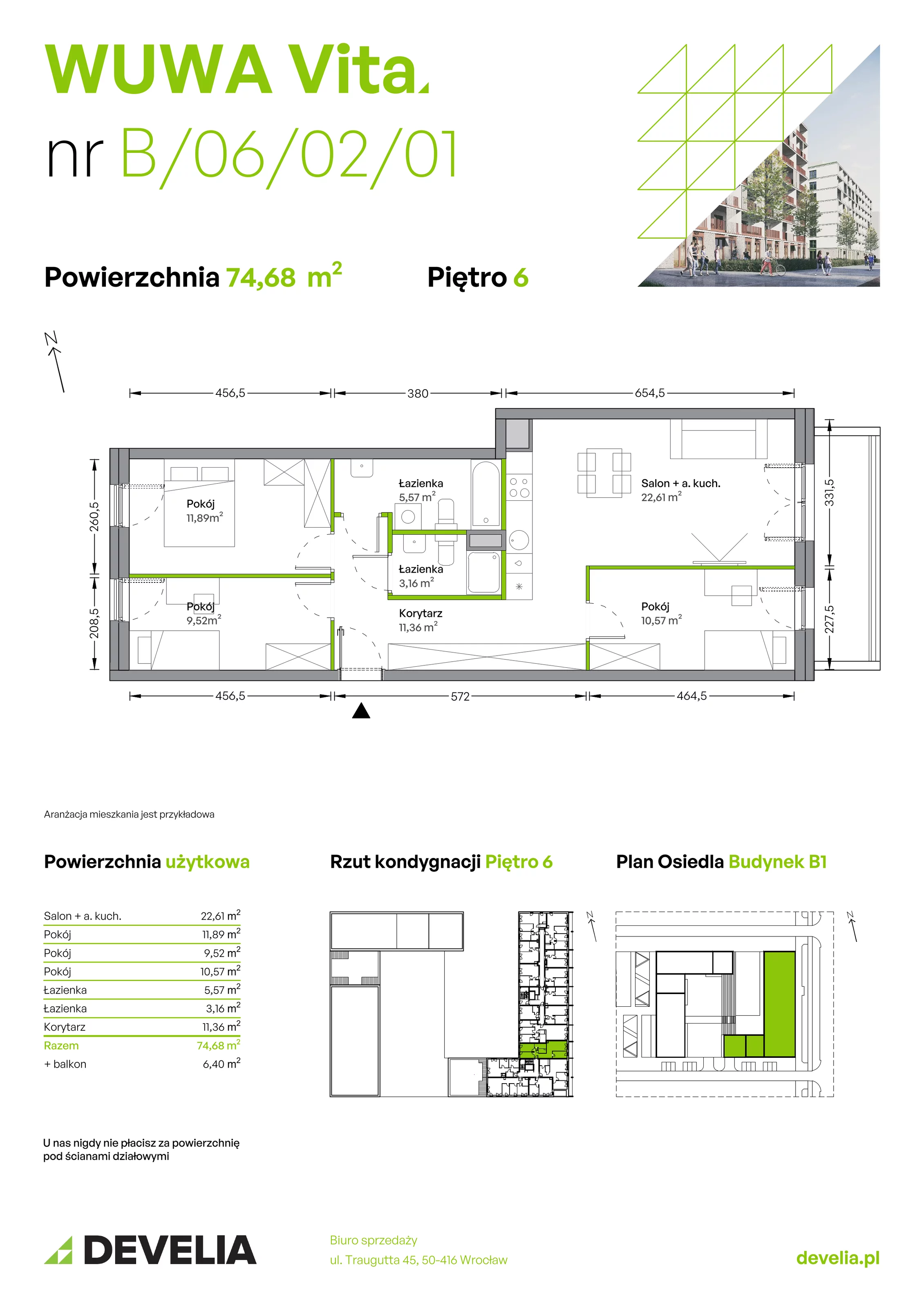 4 pokoje, mieszkanie 74,68 m², piętro 6, oferta nr B.06.02.01, WUWA Vita, Wrocław, Żerniki, Fabryczna, ul. Tadeusza Brzozy