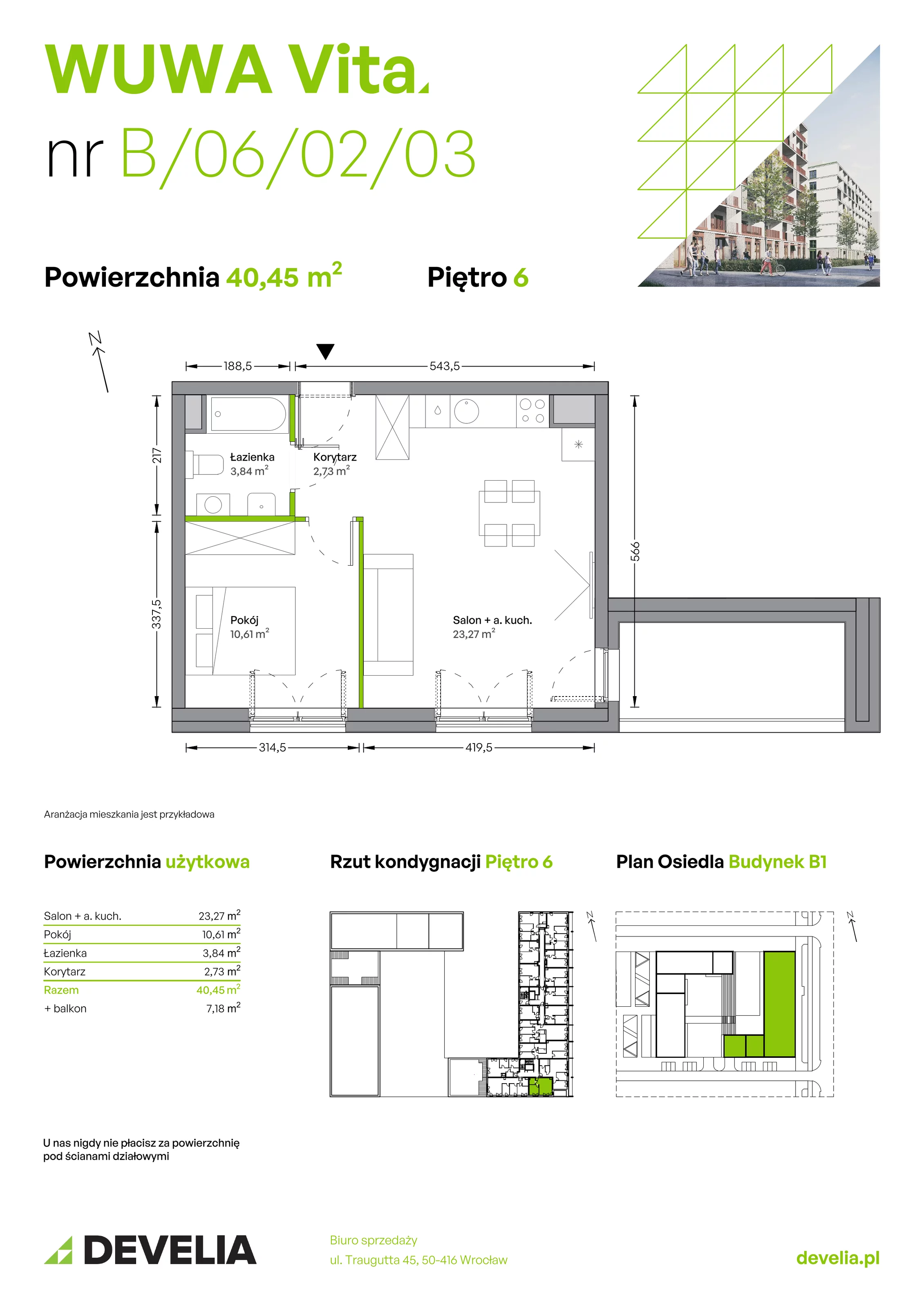 Mieszkanie 40,45 m², piętro 6, oferta nr B.06.02.03, WUWA Vita, Wrocław, Żerniki, Fabryczna, ul. Tadeusza Brzozy