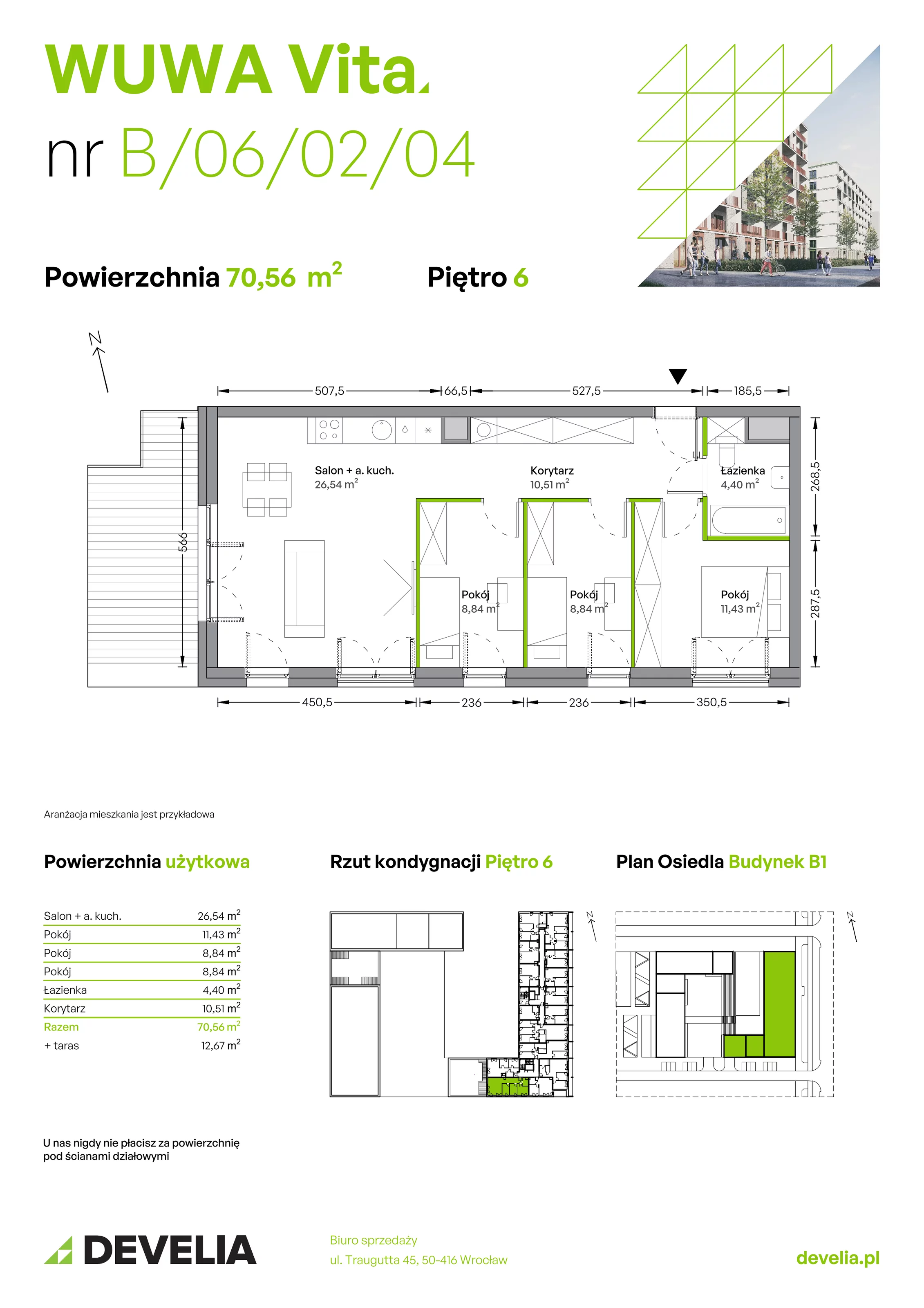 4 pokoje, mieszkanie 70,56 m², piętro 6, oferta nr B.06.02.04, WUWA Vita, Wrocław, Żerniki, Fabryczna, ul. Tadeusza Brzozy