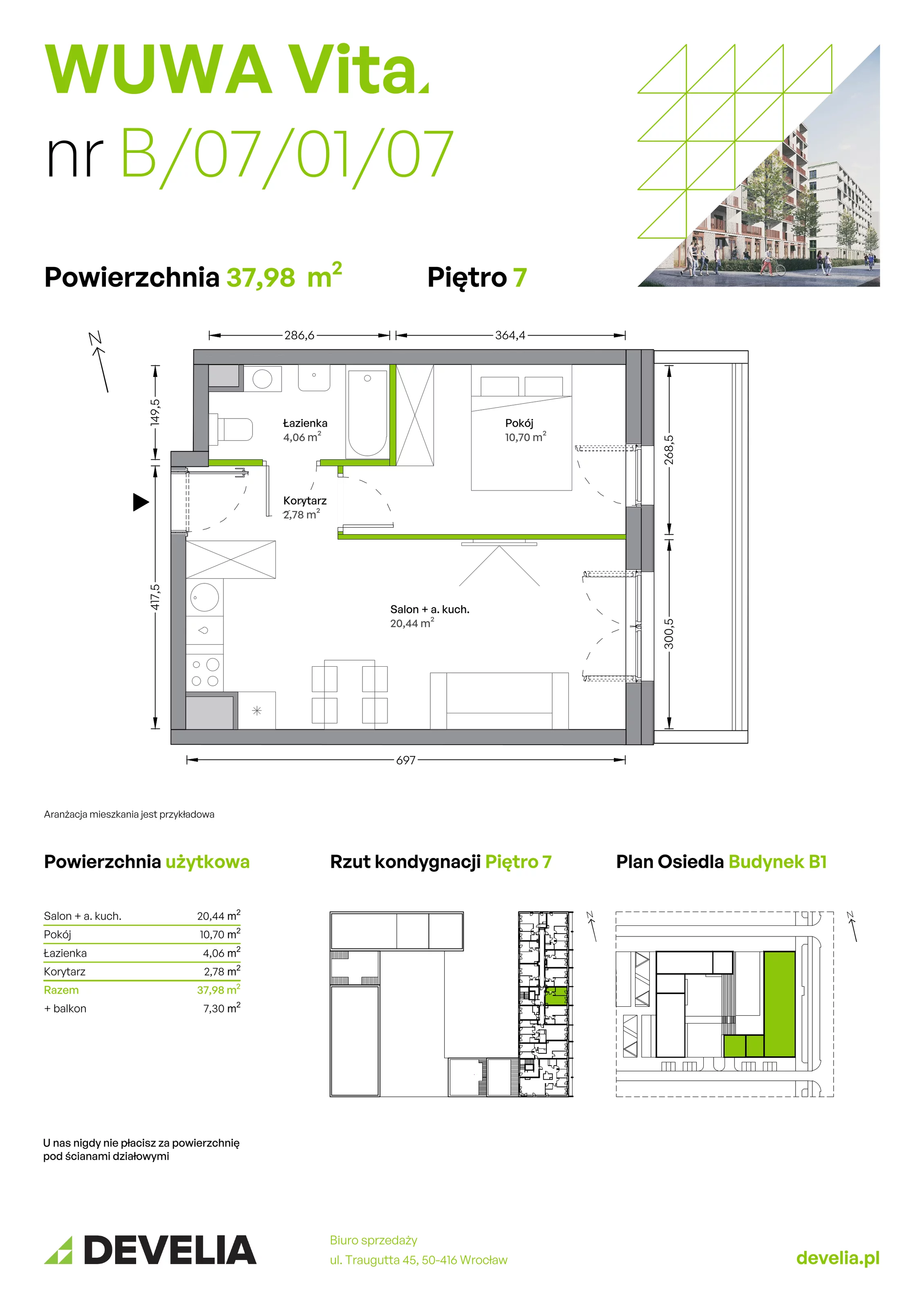 Mieszkanie 37,98 m², piętro 7, oferta nr B.07.01.07, WUWA Vita, Wrocław, Żerniki, Fabryczna, ul. Tadeusza Brzozy