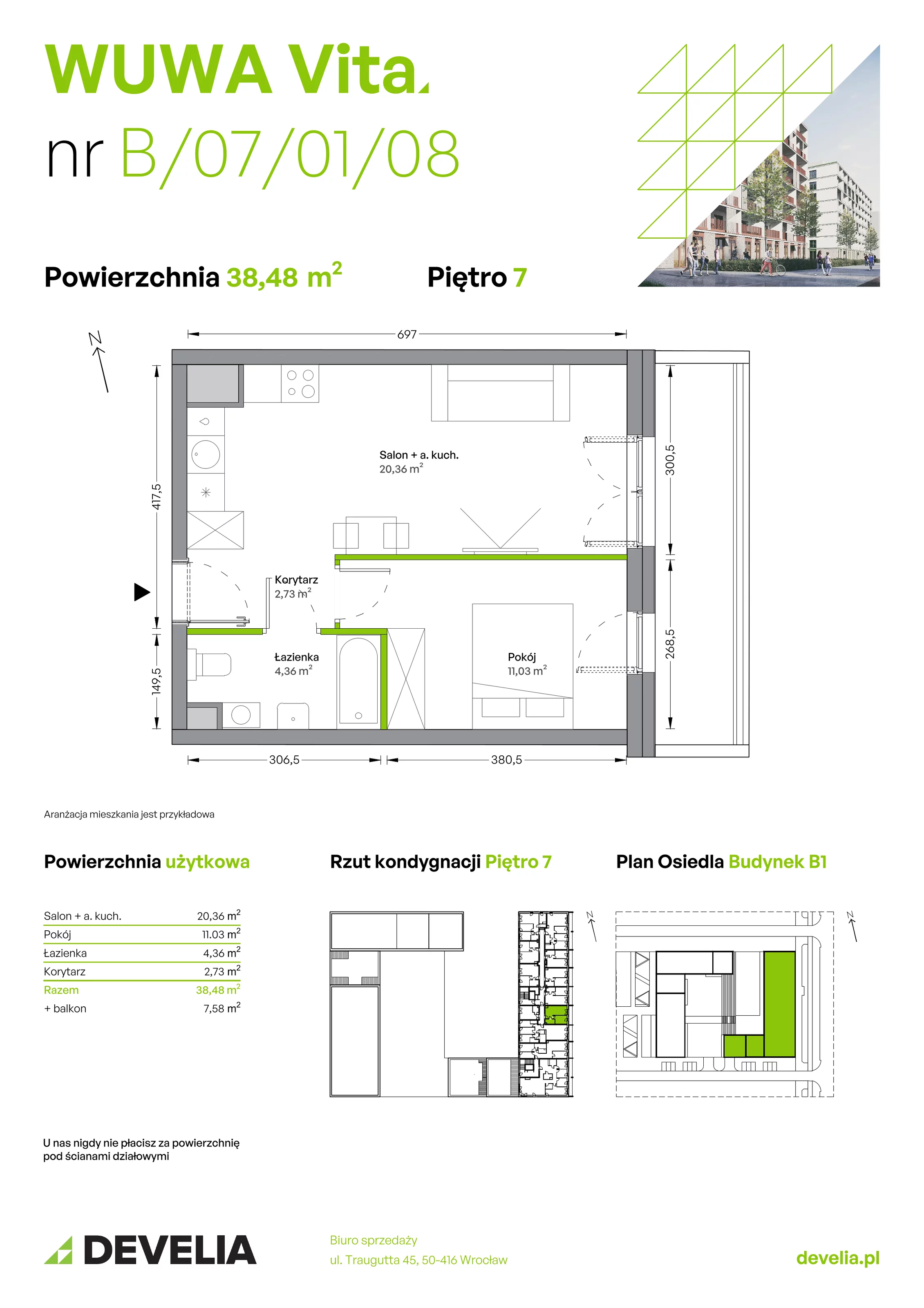 Mieszkanie 38,48 m², piętro 7, oferta nr B.07.01.08, WUWA Vita, Wrocław, Żerniki, Fabryczna, ul. Tadeusza Brzozy