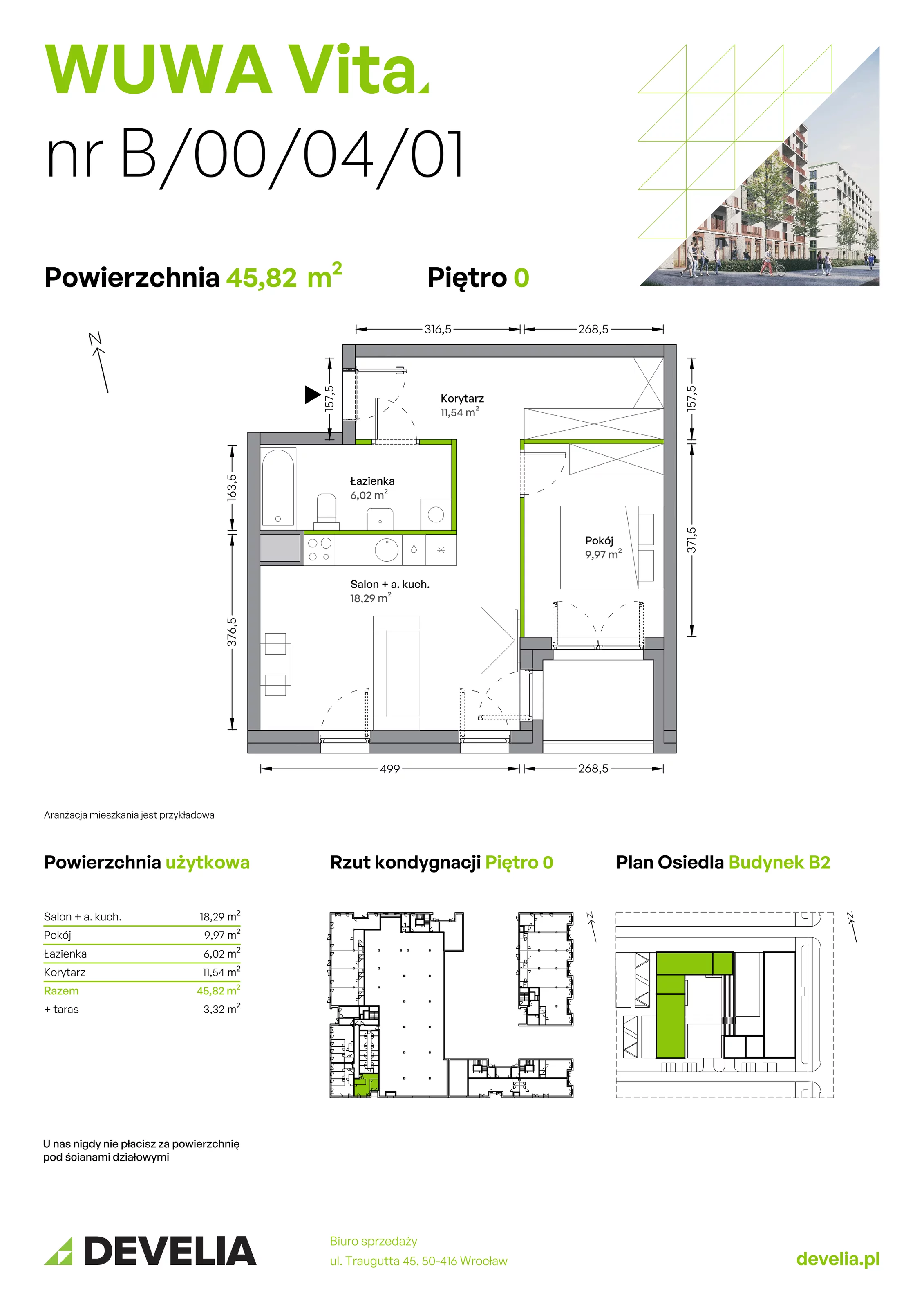 2 pokoje, mieszkanie 45,82 m², parter, oferta nr B.00.04.01, WUWA Vita, Wrocław, Żerniki, Fabryczna, ul. Tadeusza Brzozy