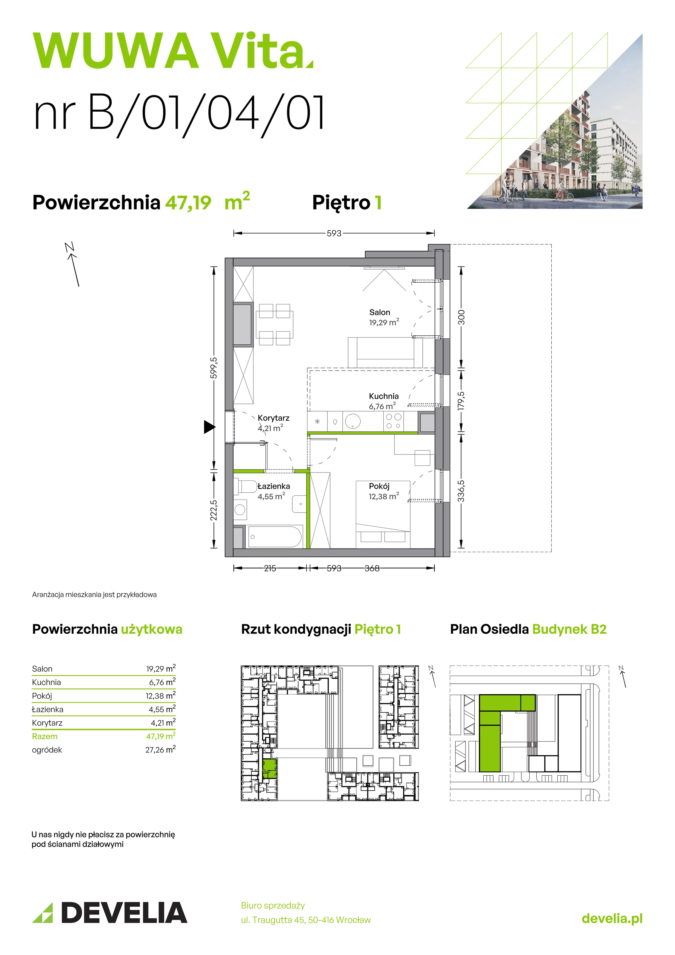 2 pokoje, mieszkanie 47,19 m², piętro 1, oferta nr B.01.04.01, WUWA Vita, Wrocław, Żerniki, Fabryczna, ul. Tadeusza Brzozy