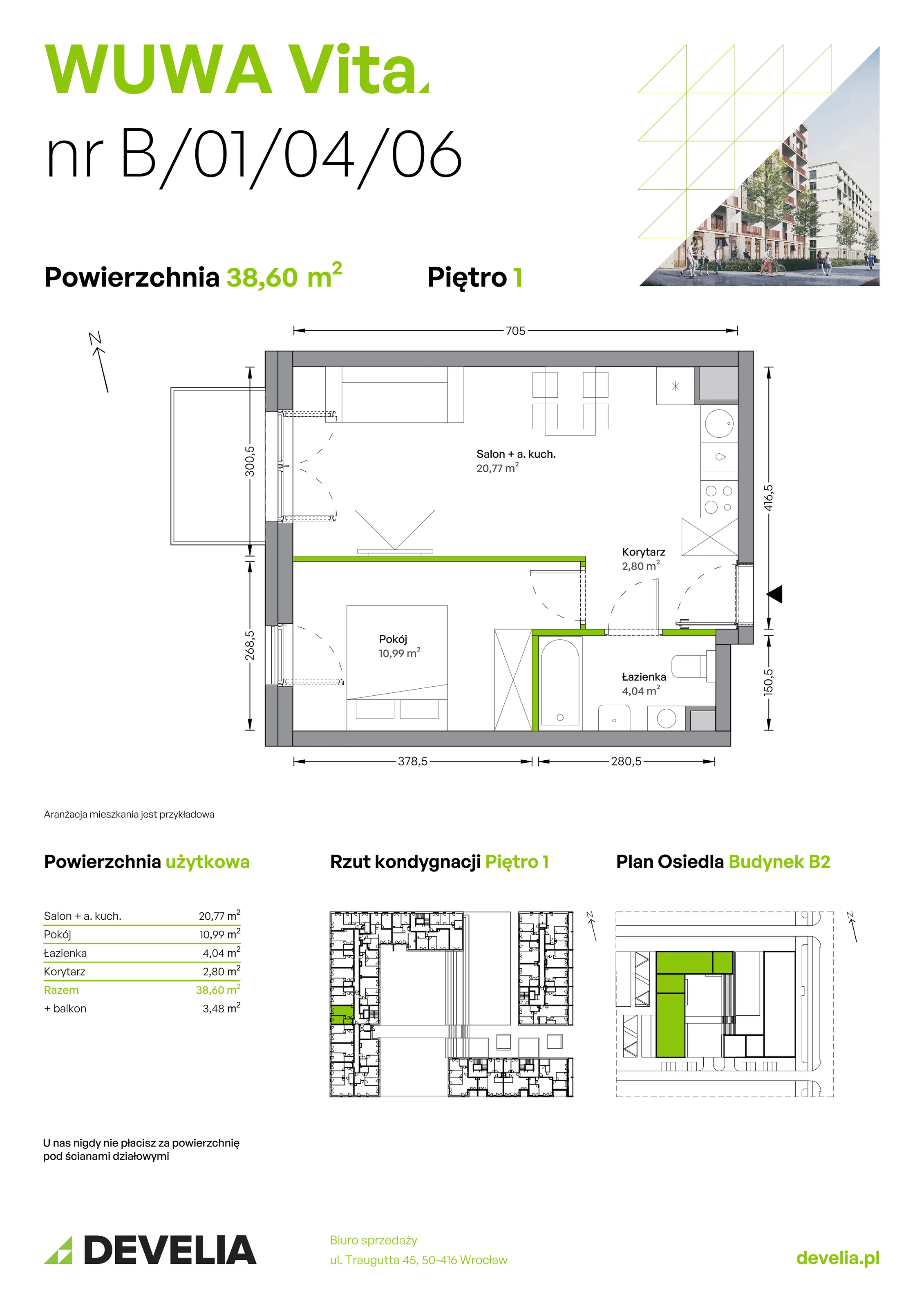 Mieszkanie 38,60 m², piętro 1, oferta nr B.01.04.06, WUWA Vita, Wrocław, Żerniki, Fabryczna, ul. Tadeusza Brzozy
