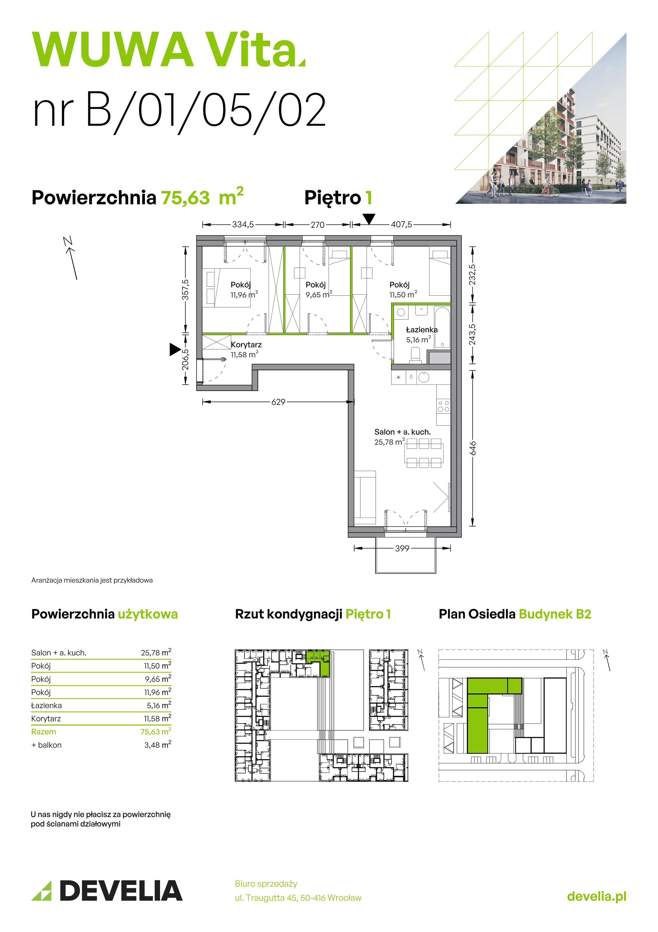 4 pokoje, mieszkanie 75,63 m², piętro 1, oferta nr B.01.05.02, WUWA Vita, Wrocław, Żerniki, Fabryczna, ul. Tadeusza Brzozy