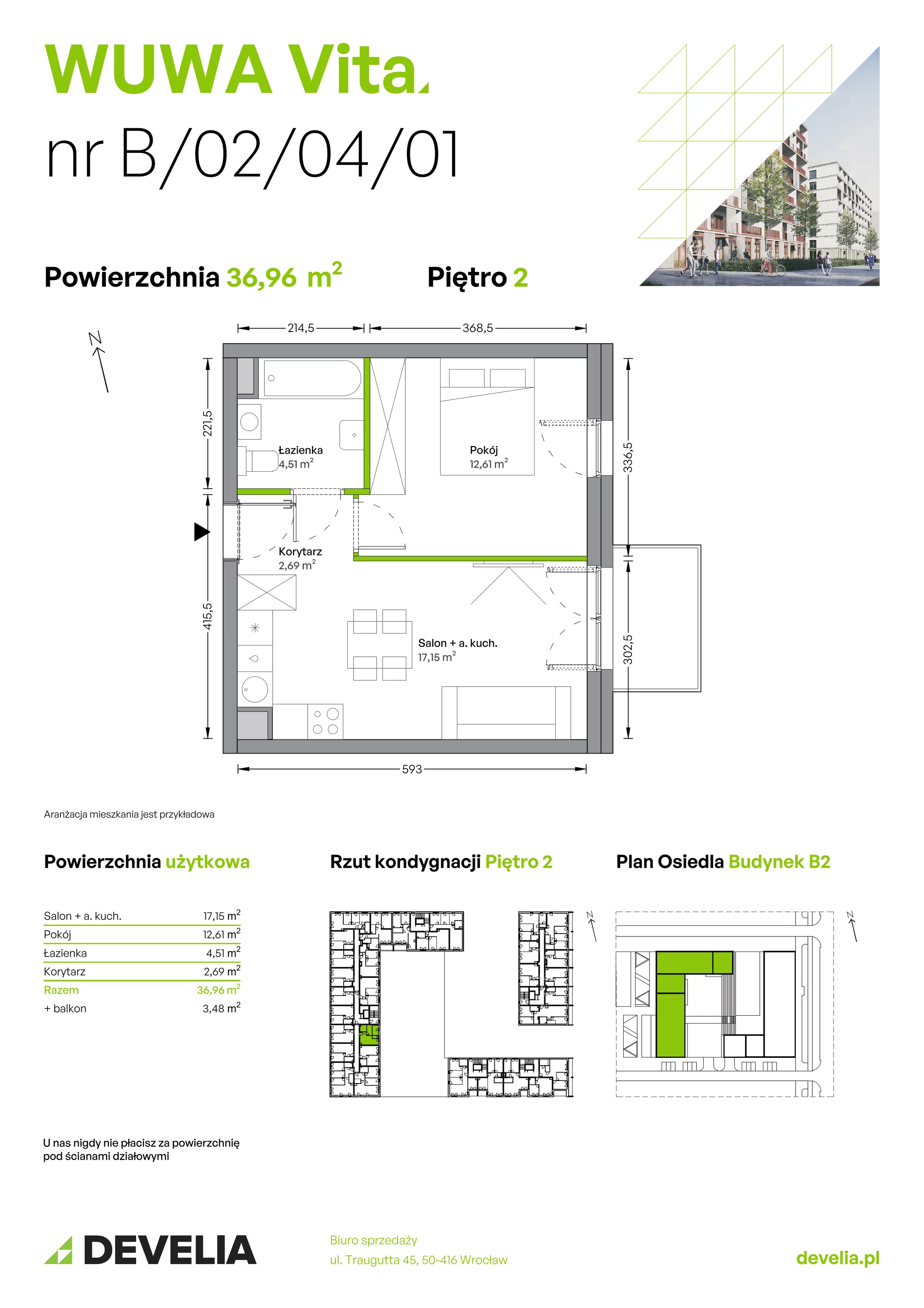 Mieszkanie 36,96 m², piętro 2, oferta nr B.02.04.01, WUWA Vita, Wrocław, Żerniki, Fabryczna, ul. Tadeusza Brzozy