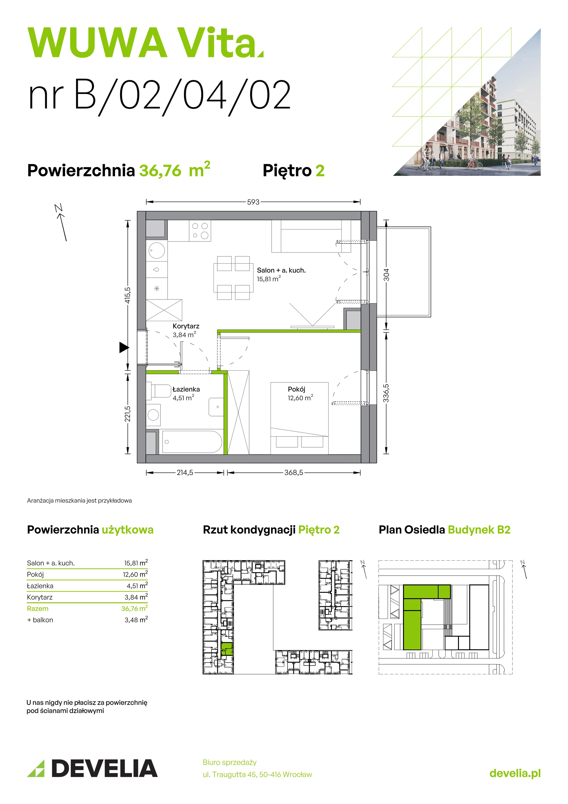 Mieszkanie 36,76 m², piętro 2, oferta nr B.02.04.02, WUWA Vita, Wrocław, Żerniki, Fabryczna, ul. Tadeusza Brzozy