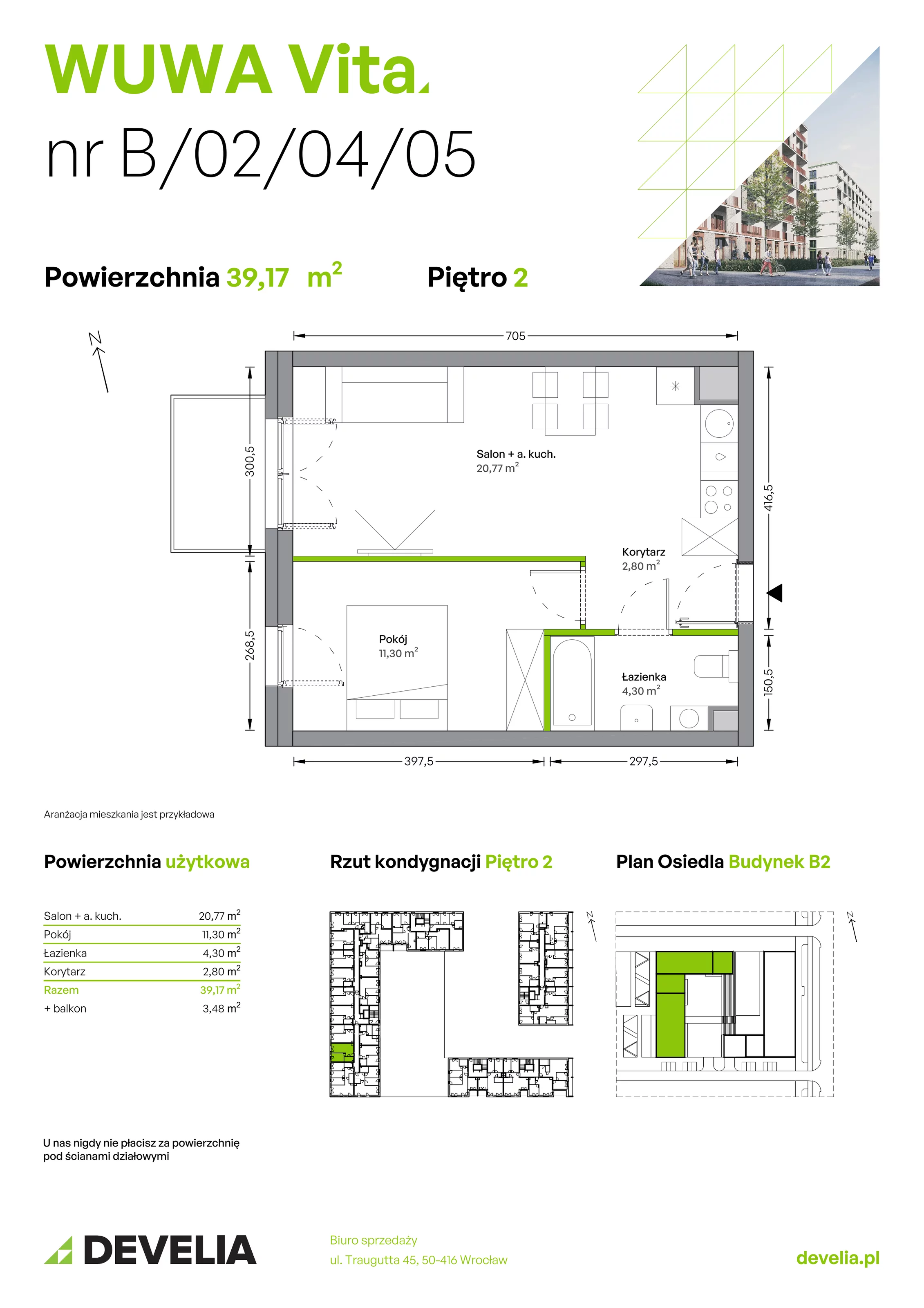 Mieszkanie 39,17 m², piętro 2, oferta nr B.02.04.05, WUWA Vita, Wrocław, Żerniki, Fabryczna, ul. Tadeusza Brzozy