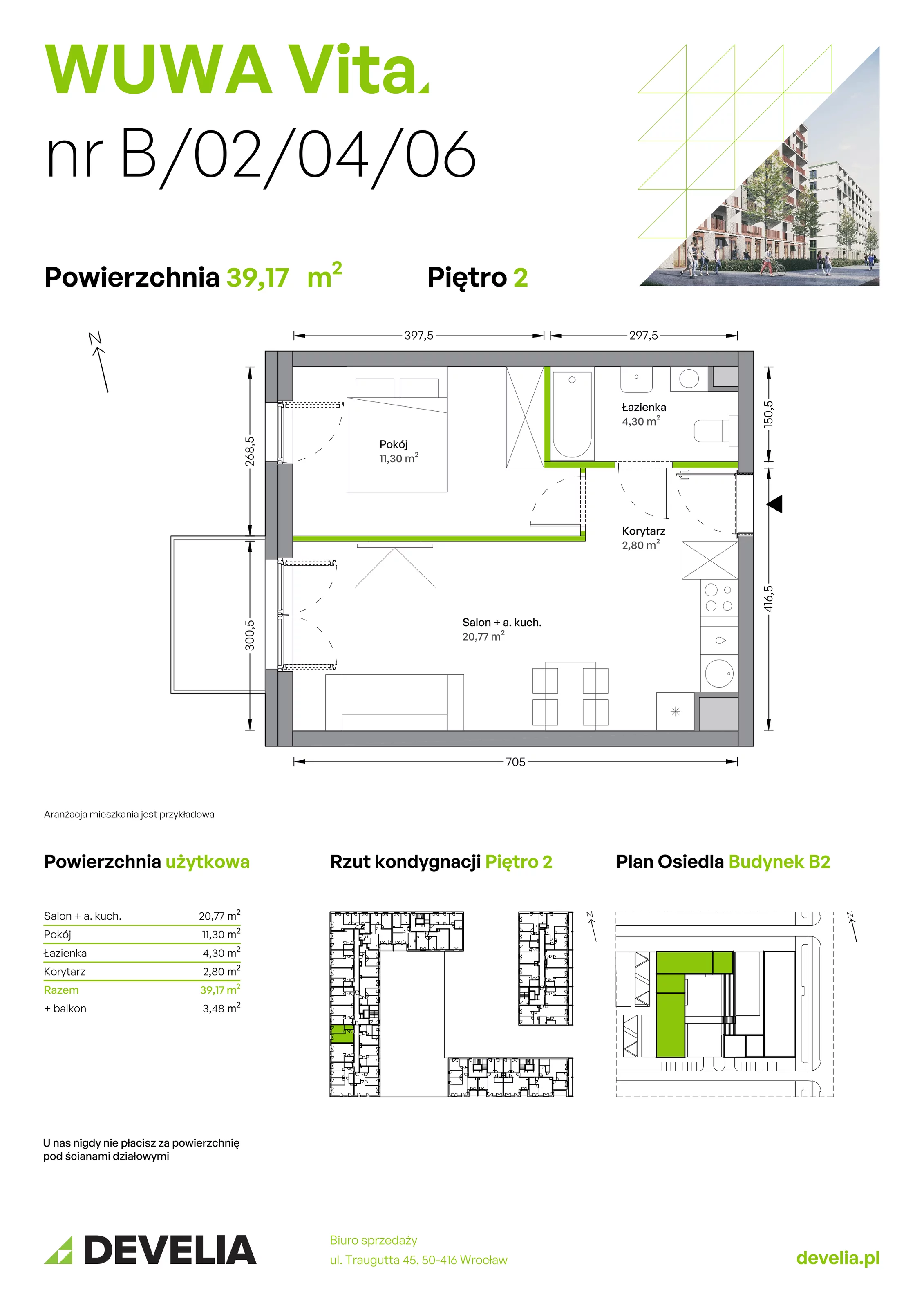 Mieszkanie 39,17 m², piętro 2, oferta nr B.02.04.06, WUWA Vita, Wrocław, Żerniki, Fabryczna, ul. Tadeusza Brzozy