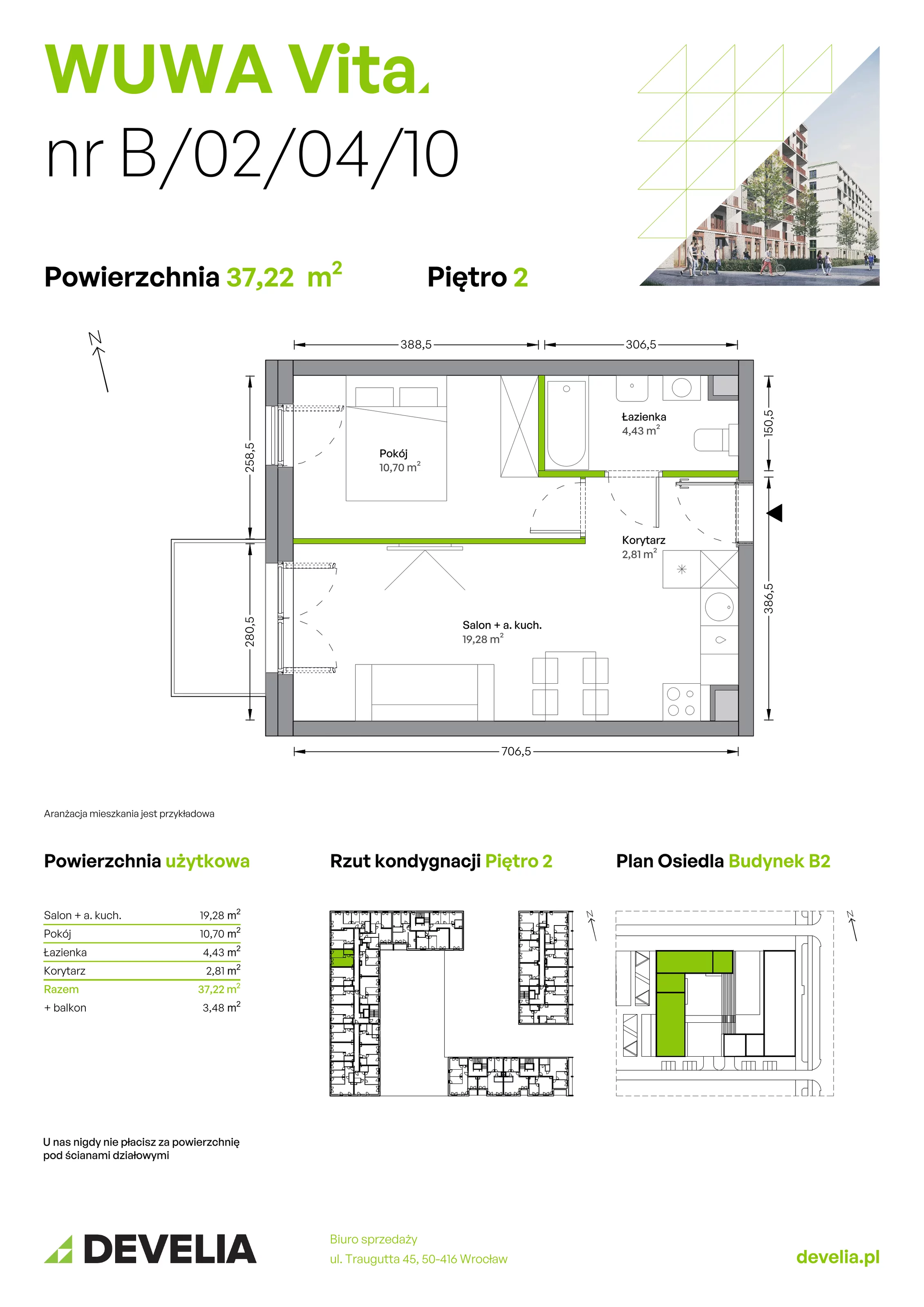 Mieszkanie 37,22 m², piętro 2, oferta nr B.02.04.10, WUWA Vita, Wrocław, Żerniki, Fabryczna, ul. Tadeusza Brzozy