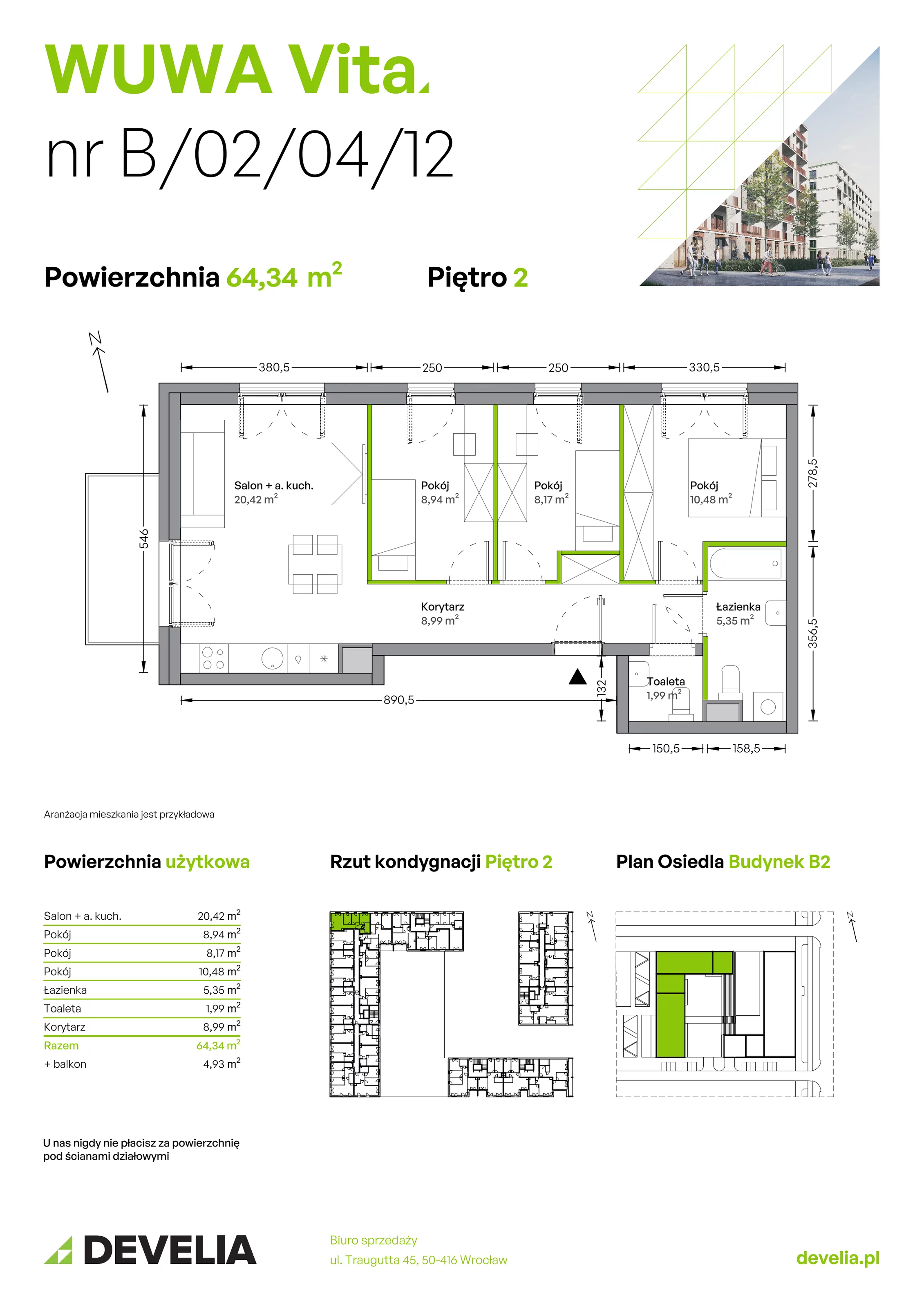 4 pokoje, mieszkanie 64,34 m², piętro 2, oferta nr B.02.04.12, WUWA Vita, Wrocław, Żerniki, Fabryczna, ul. Tadeusza Brzozy