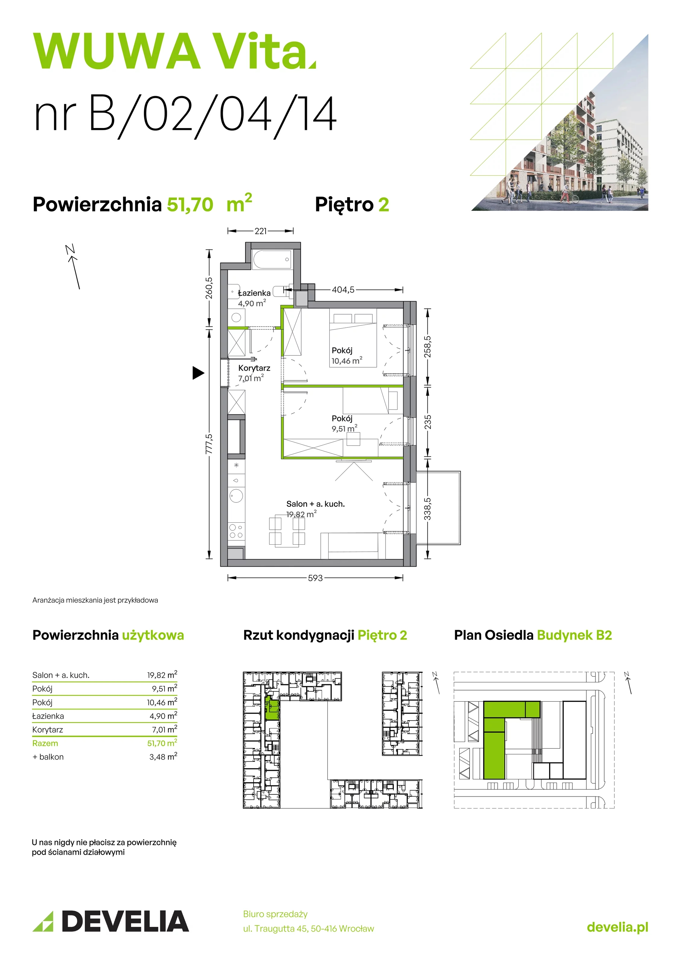 3 pokoje, mieszkanie 51,70 m², piętro 2, oferta nr B.02.04.14, WUWA Vita, Wrocław, Żerniki, Fabryczna, ul. Tadeusza Brzozy