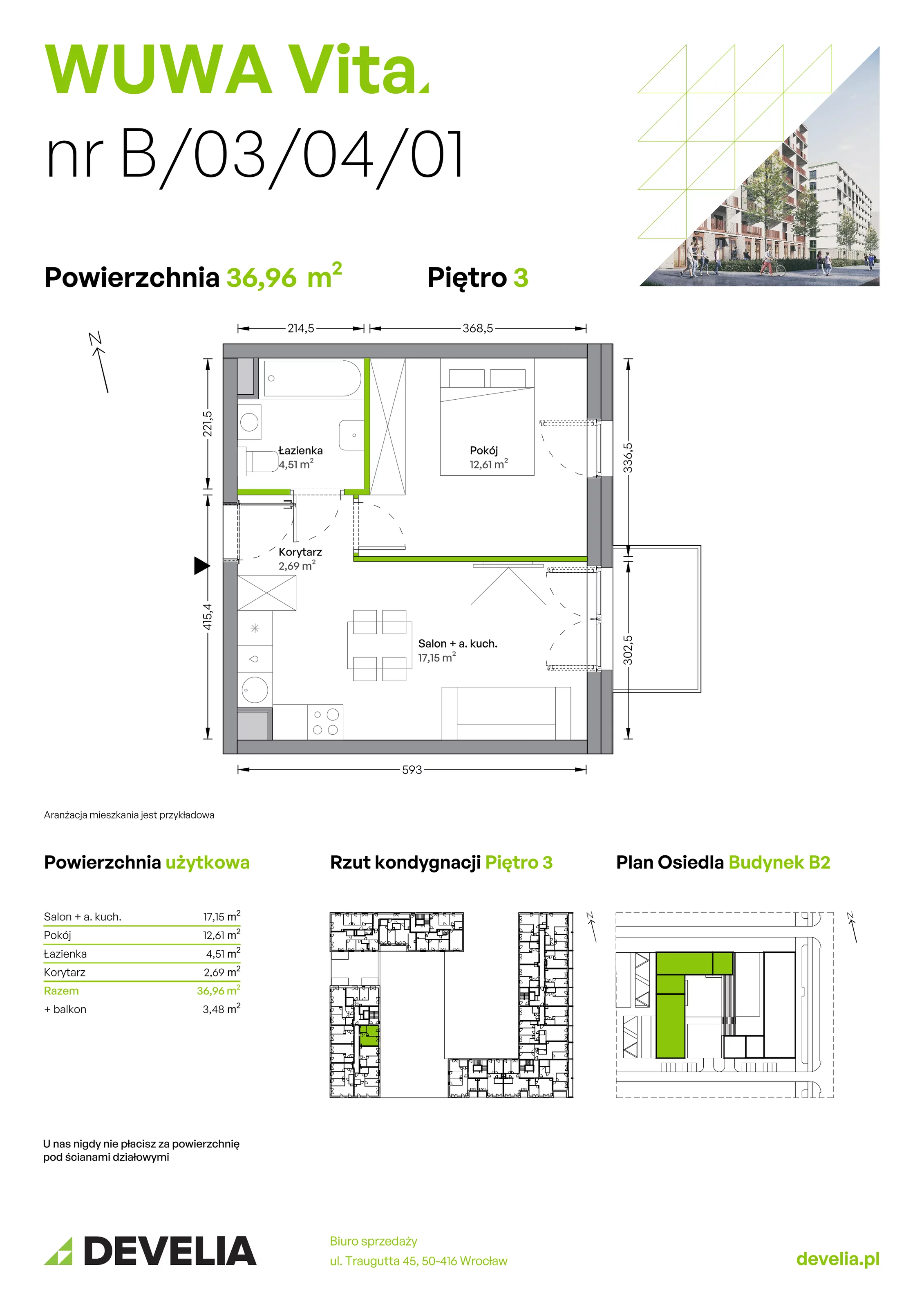 Mieszkanie 36,96 m², piętro 3, oferta nr B.03.04.01, WUWA Vita, Wrocław, Żerniki, Fabryczna, ul. Tadeusza Brzozy