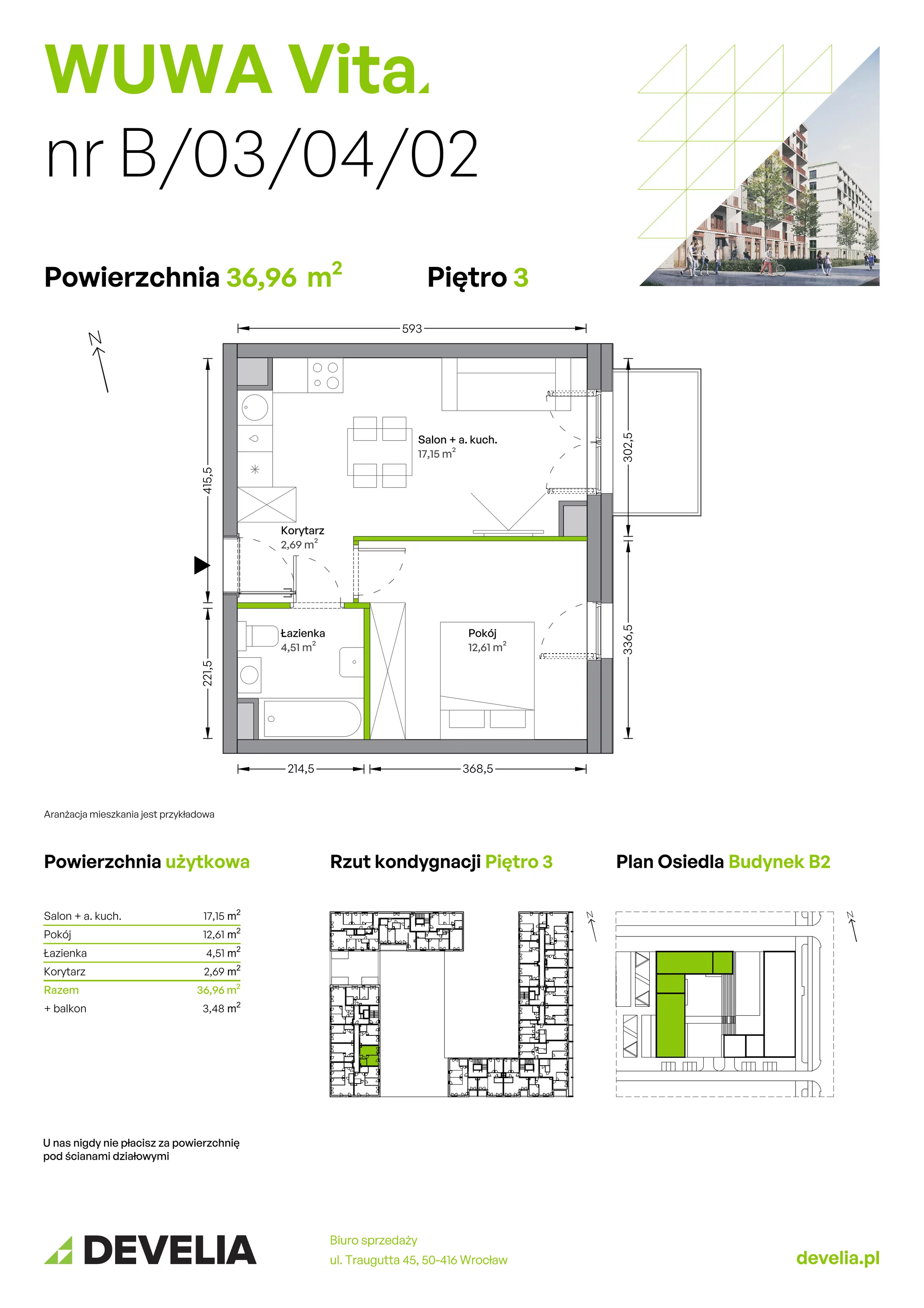 Mieszkanie 36,96 m², piętro 3, oferta nr B.03.04.02, WUWA Vita, Wrocław, Żerniki, Fabryczna, ul. Tadeusza Brzozy