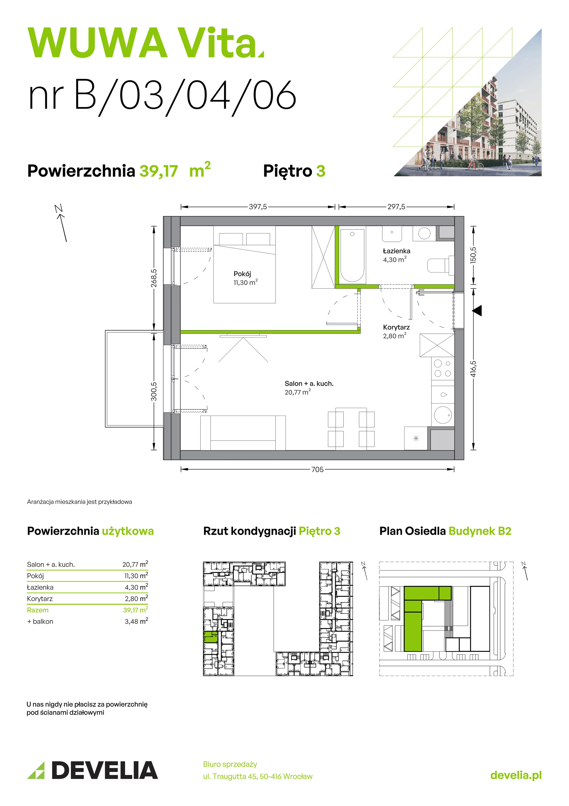 Mieszkanie 39,17 m², piętro 3, oferta nr B.03.04.06, WUWA Vita, Wrocław, Żerniki, Fabryczna, ul. Tadeusza Brzozy