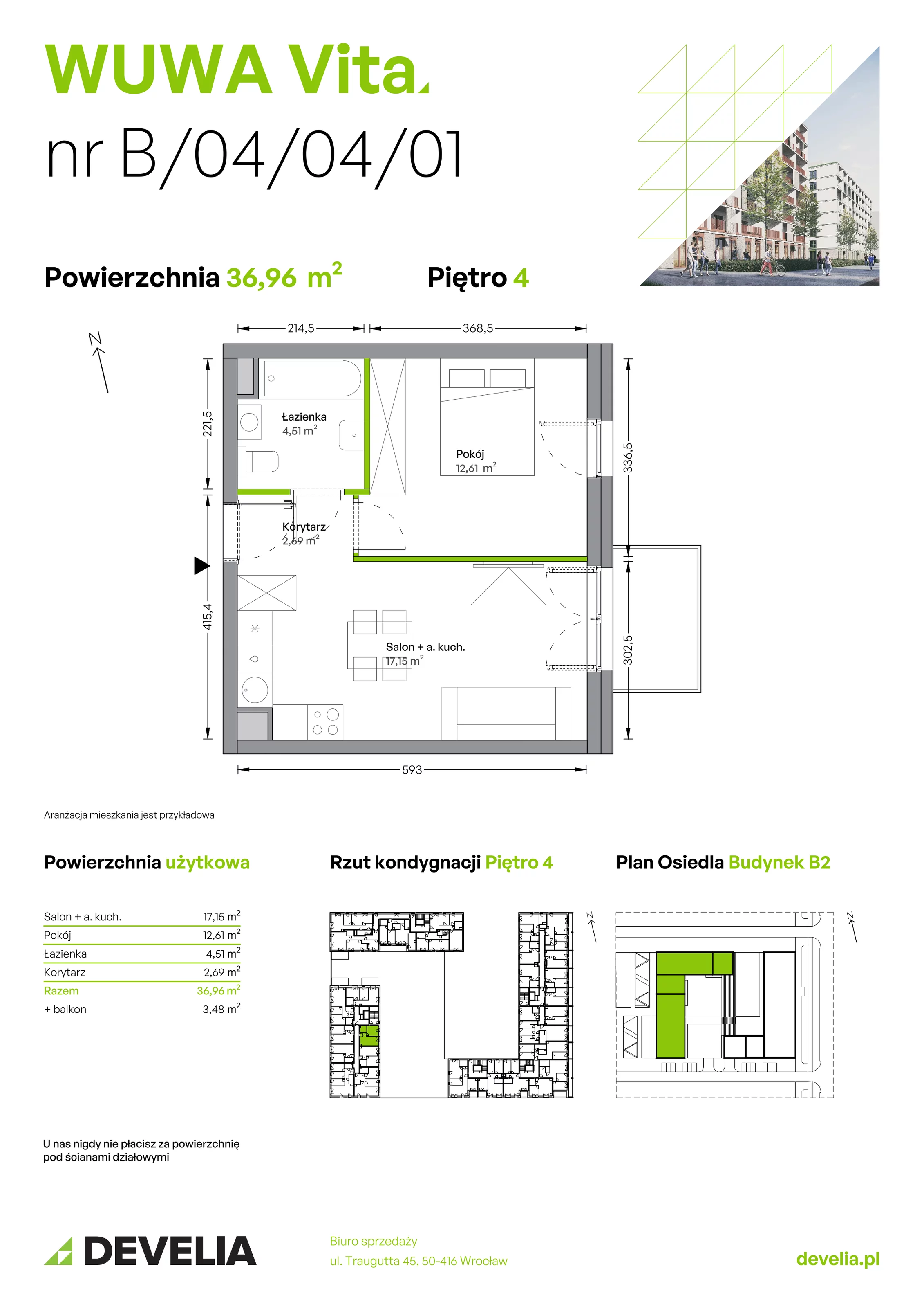 Mieszkanie 36,96 m², piętro 4, oferta nr B.04.04.01, WUWA Vita, Wrocław, Żerniki, Fabryczna, ul. Tadeusza Brzozy