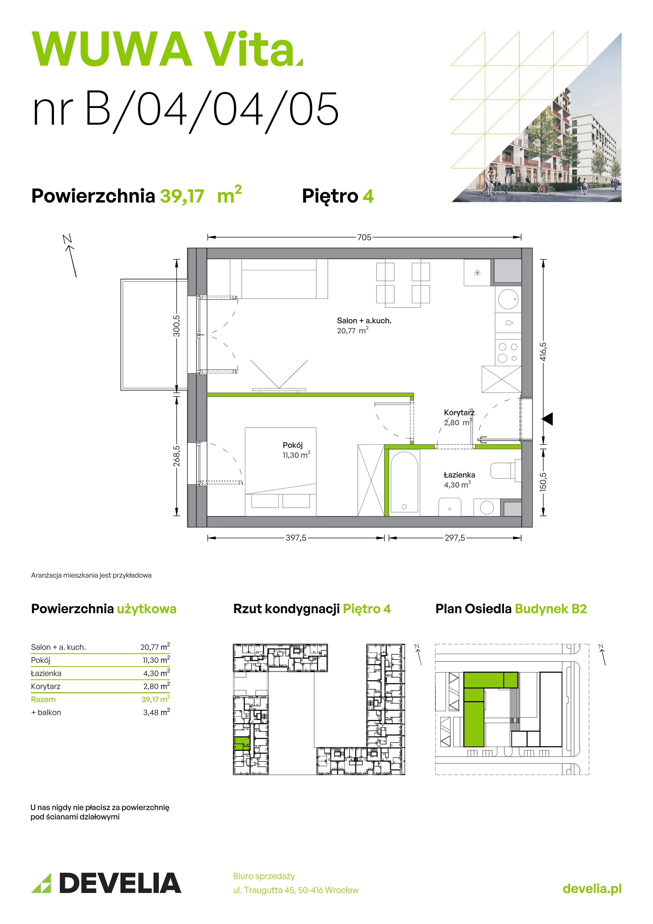 Mieszkanie 39,17 m², piętro 4, oferta nr B.04.04.05, WUWA Vita, Wrocław, Żerniki, Fabryczna, ul. Tadeusza Brzozy