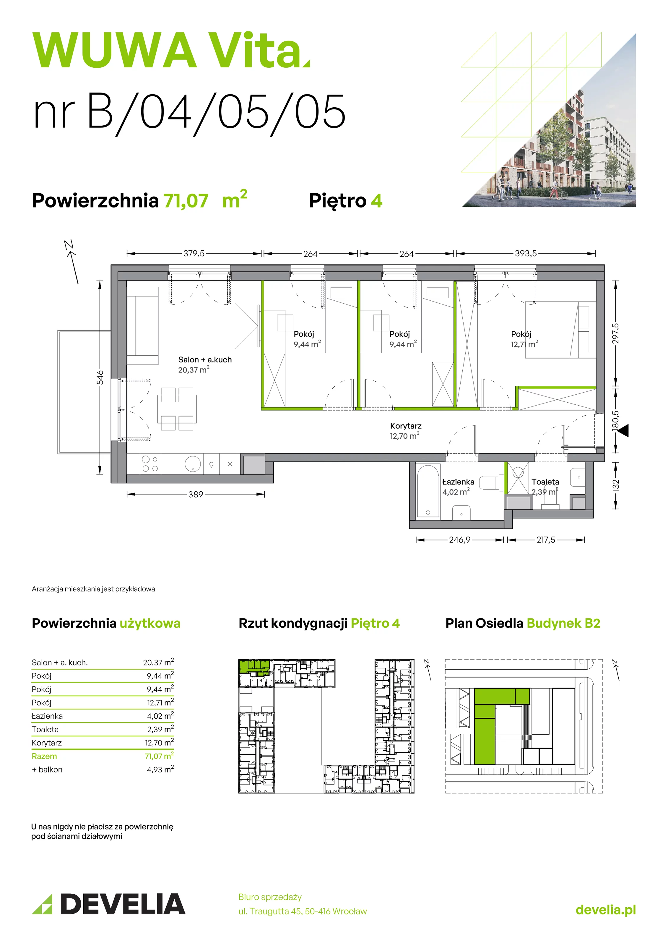 4 pokoje, mieszkanie 71,07 m², piętro 4, oferta nr B.04.05.05, WUWA Vita, Wrocław, Żerniki, Fabryczna, ul. Tadeusza Brzozy