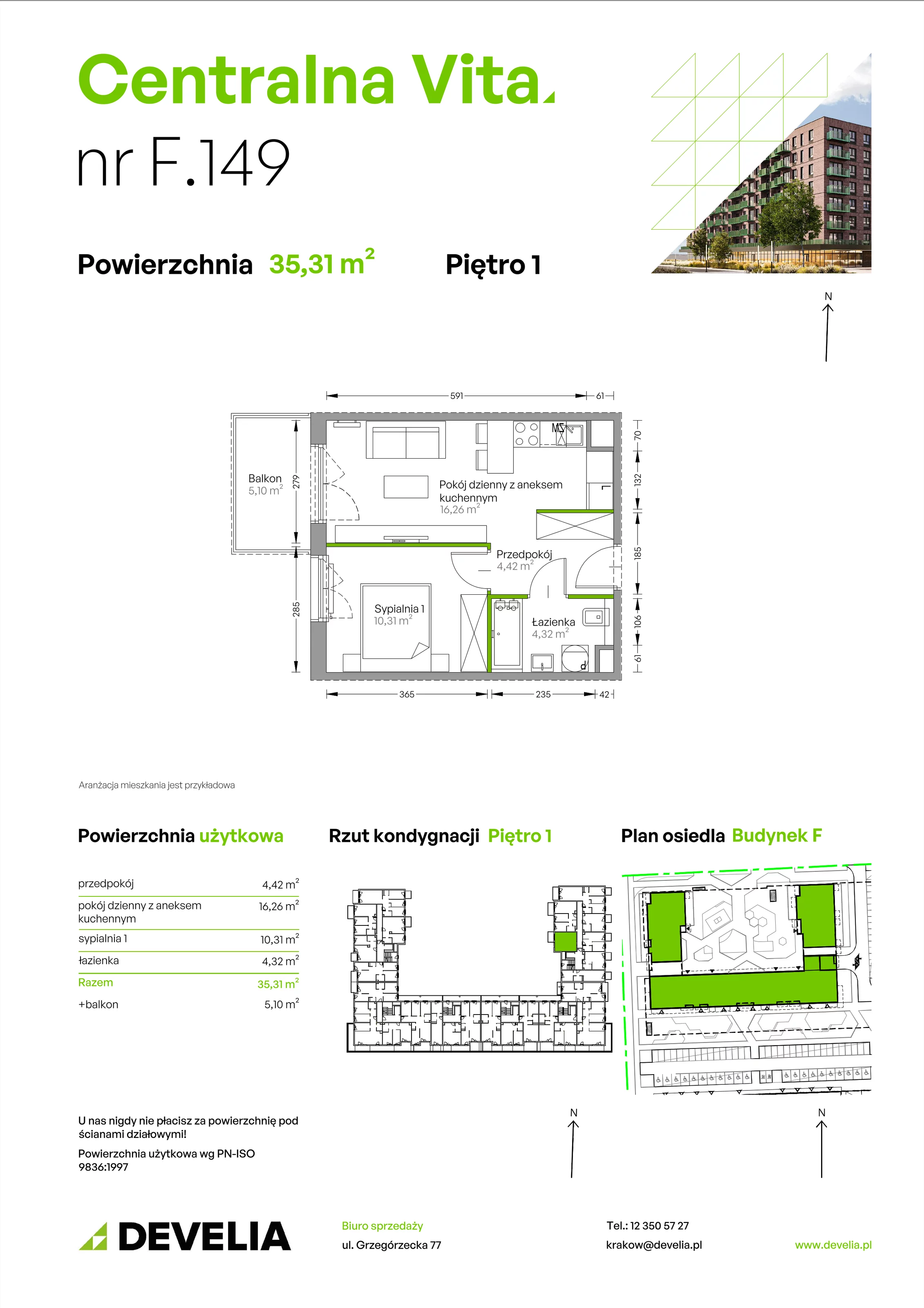 Mieszkanie 35,31 m², piętro 1, oferta nr F.149, Centralna Vita etap II, Kraków, Czyżyny, ul. Romana Ciesielskiego