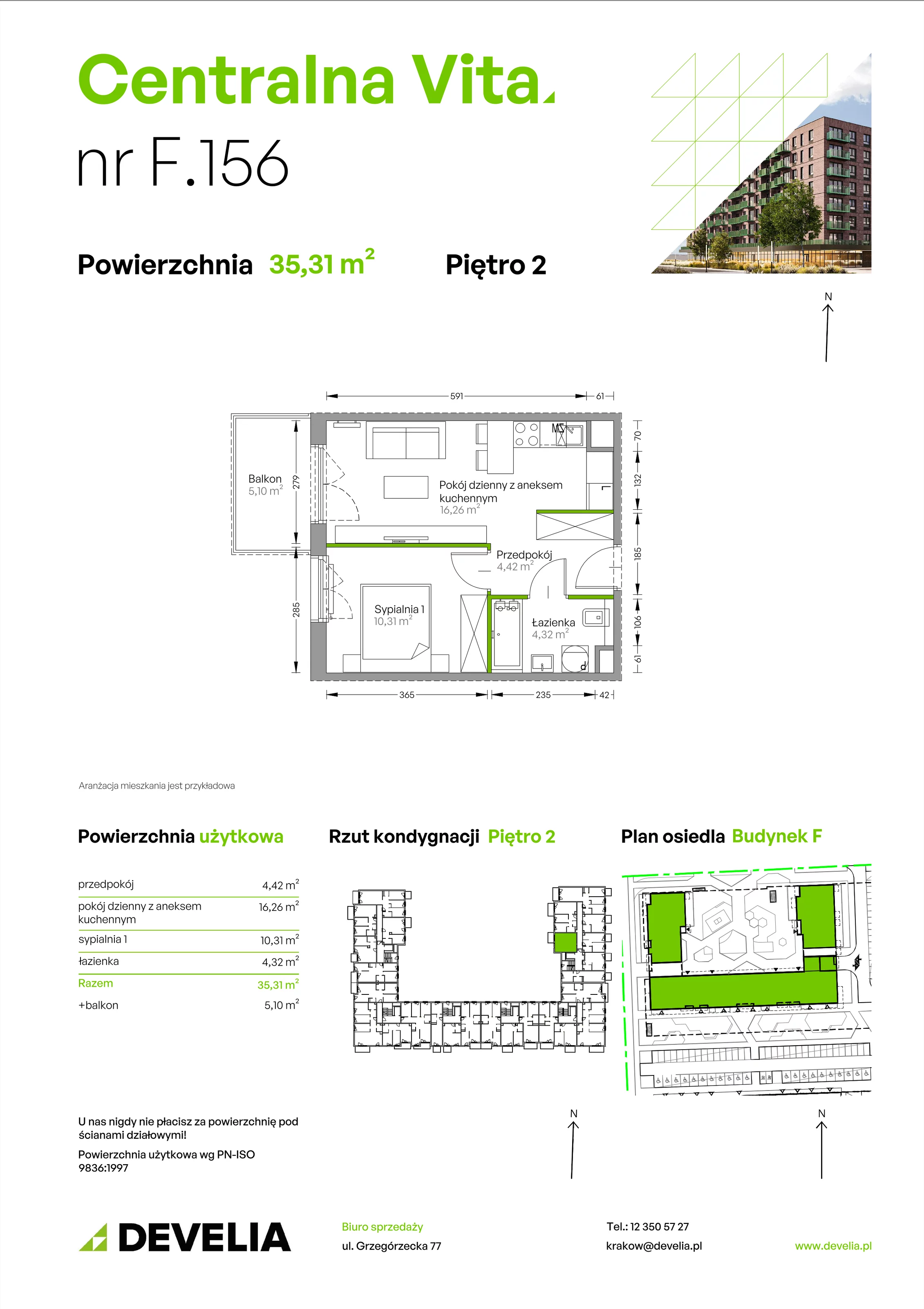 Mieszkanie 35,31 m², piętro 2, oferta nr F.156, Centralna Vita etap II, Kraków, Czyżyny, ul. Romana Ciesielskiego