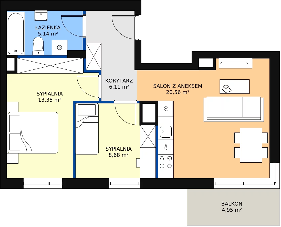 Zalety mieszkania 53.84 m², A1.3B62