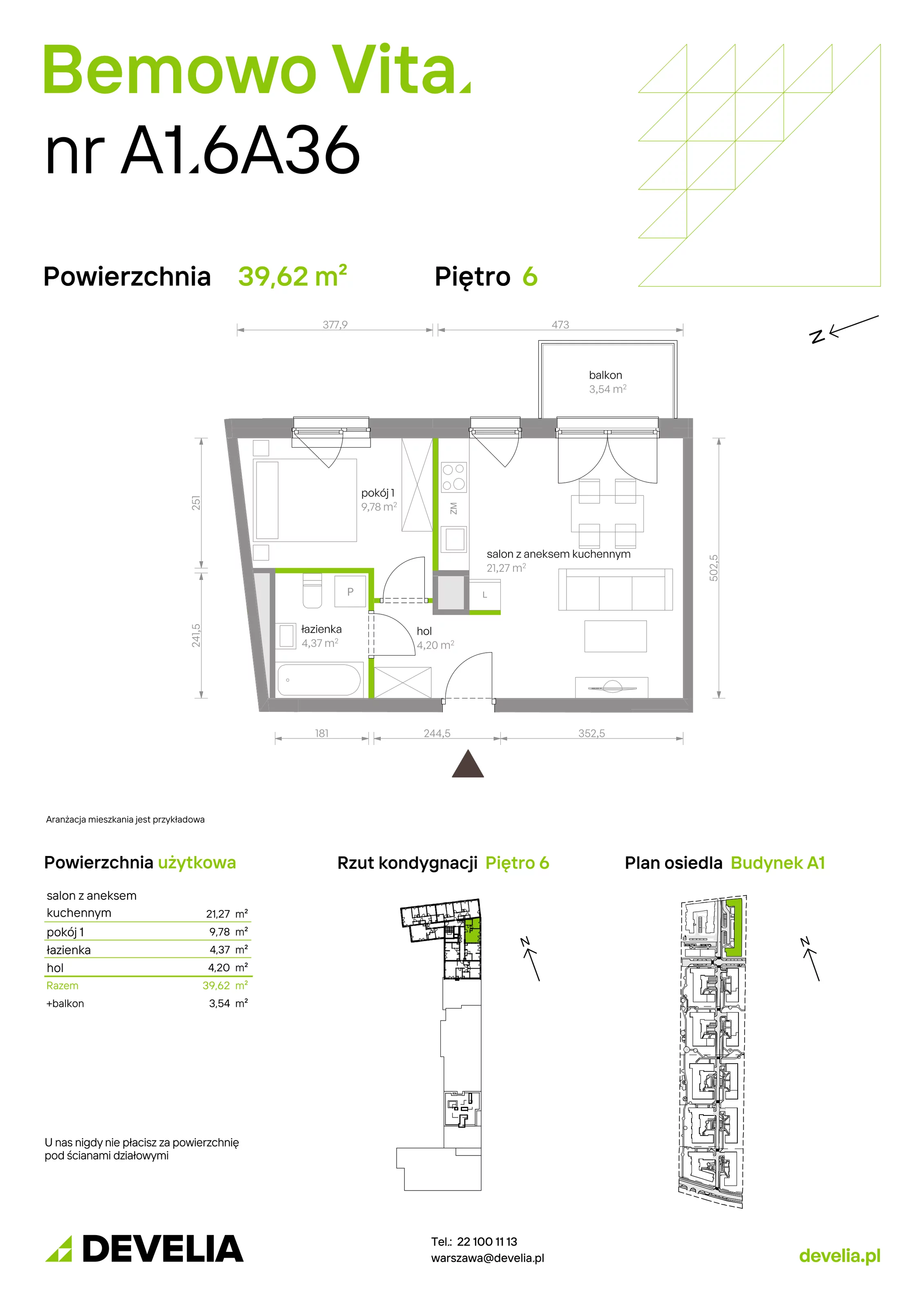 2 pokoje, mieszkanie 39,62 m², piętro 6, oferta nr A1.6A36, Bemowo Vita etap III, Warszawa, Bemowo, Chrzanów, Szeligowska 57	