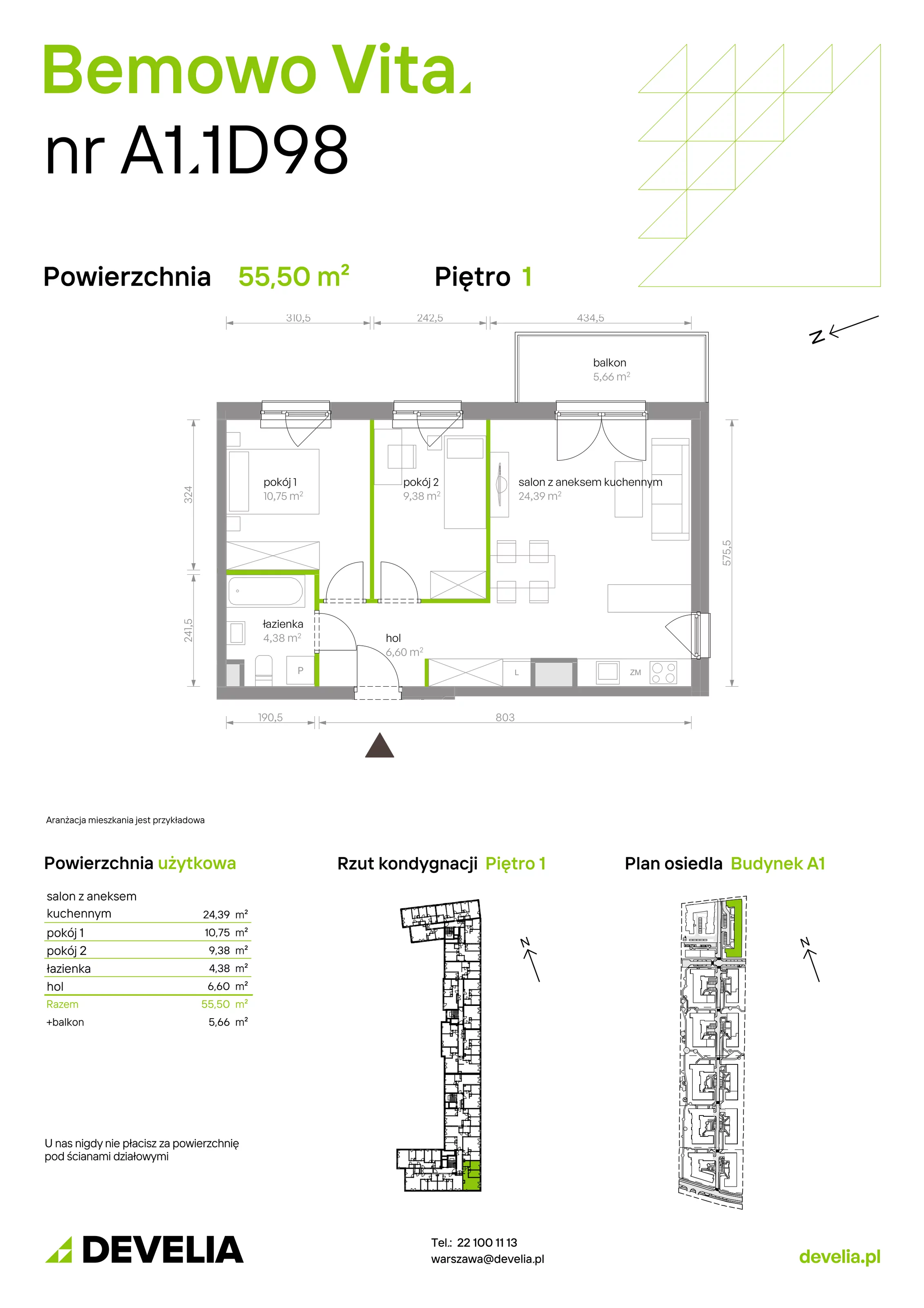 3 pokoje, mieszkanie 55,50 m², piętro 1, oferta nr A1.1D98, Bemowo Vita etap III, Warszawa, Bemowo, Chrzanów, Szeligowska 57	