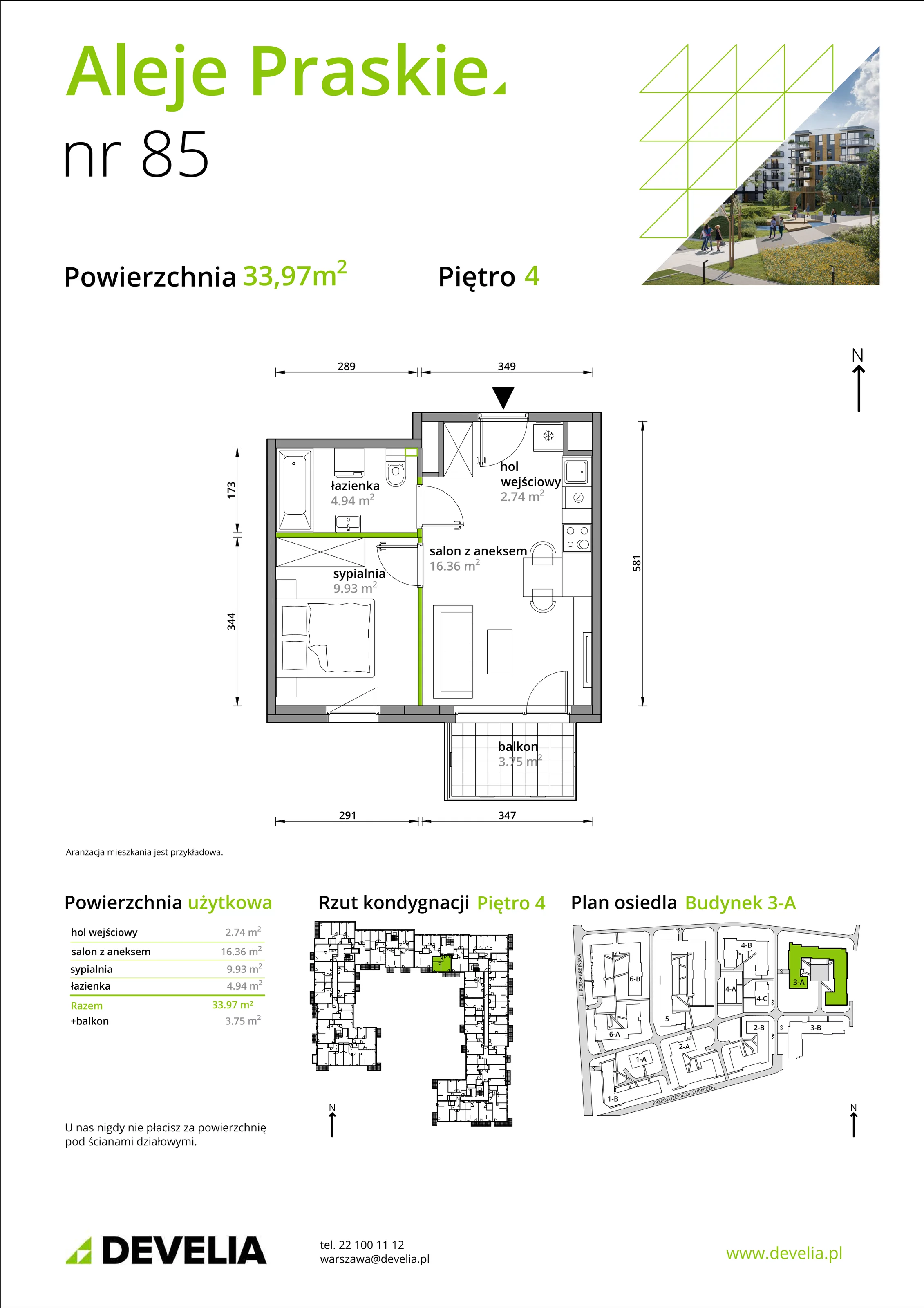 Mieszkanie 33,97 m², piętro 4, oferta nr A/085, Aleje Praskie etap III, Warszawa, Praga Południe, Kamionek, ul. Podskarbińska 32/34