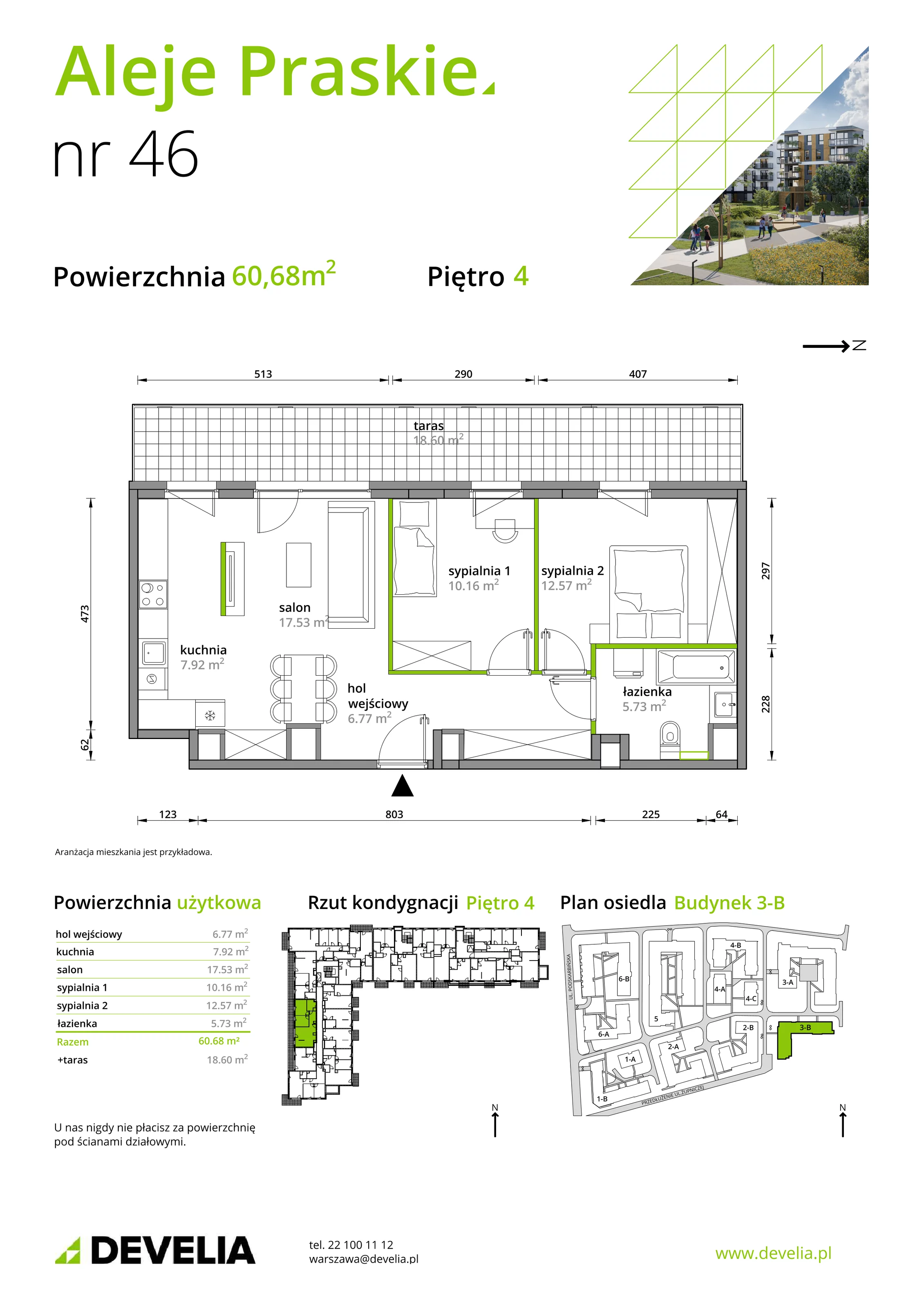 Mieszkanie 60,68 m², piętro 4, oferta nr B/046, Aleje Praskie etap III, Warszawa, Praga Południe, Kamionek, ul. Podskarbińska 32/34-idx