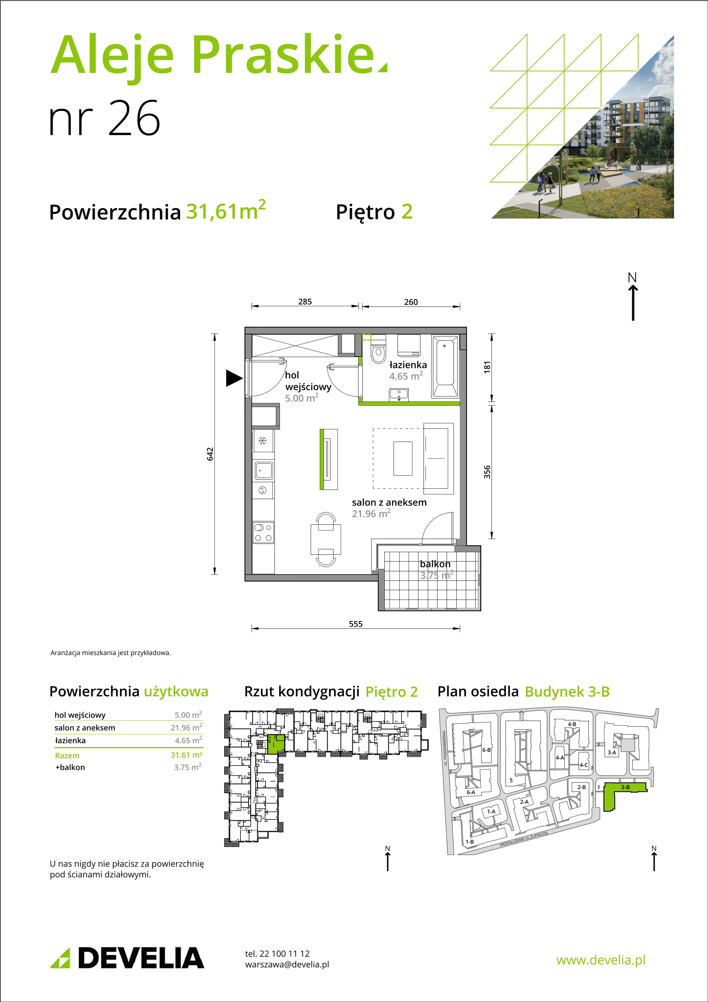 Mieszkanie 31,61 m², piętro 2, oferta nr B/026, Aleje Praskie etap III, Warszawa, Praga Południe, Kamionek, ul. Podskarbińska 32/34