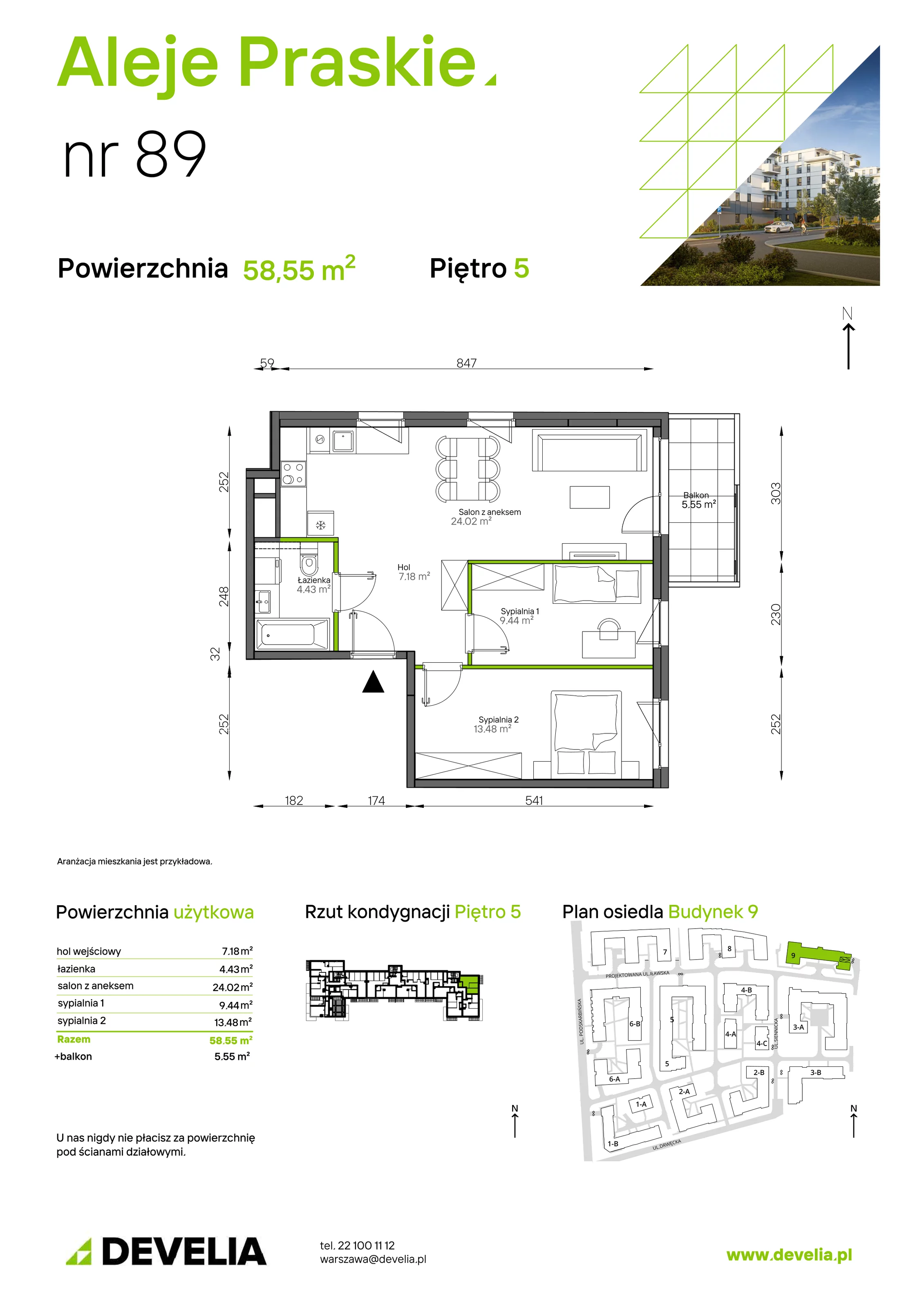 3 pokoje, mieszkanie 58,55 m², piętro 5, oferta nr 089/9, Aleje Praskie IX, Warszawa, Praga Południe, Kamionek, ul. Podskarbińska