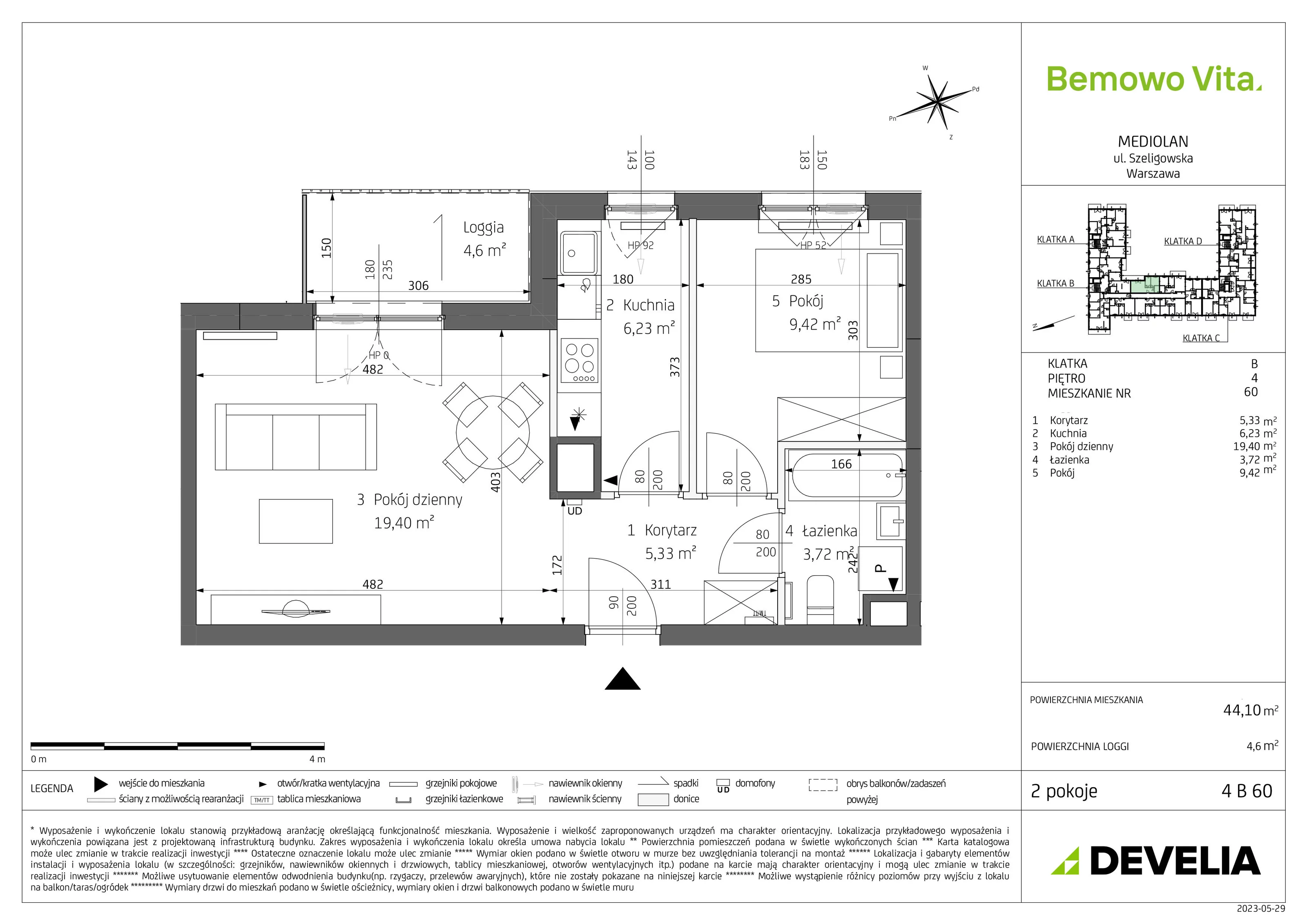 2 pokoje, mieszkanie 44,10 m², piętro 4, oferta nr B4/4/B60, Bemowo Vita, Warszawa, Bemowo, Chrzanów, ul. Szeligowska 59