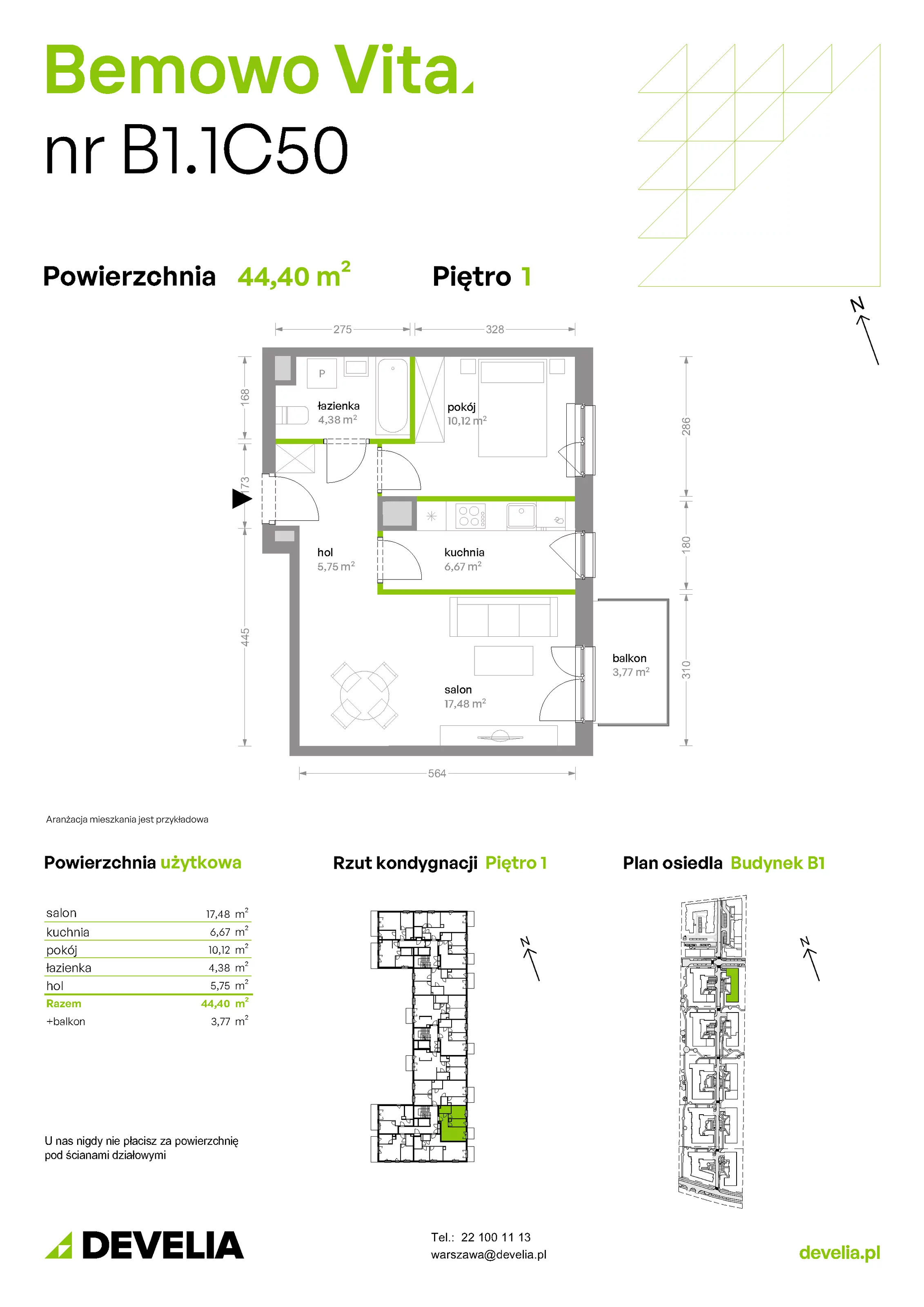 Mieszkanie 44,40 m², piętro 1, oferta nr B1/1/C50, Bemowo Vita etap II, Warszawa, Bemowo, Chrzanów, ul. Szeligowska 59