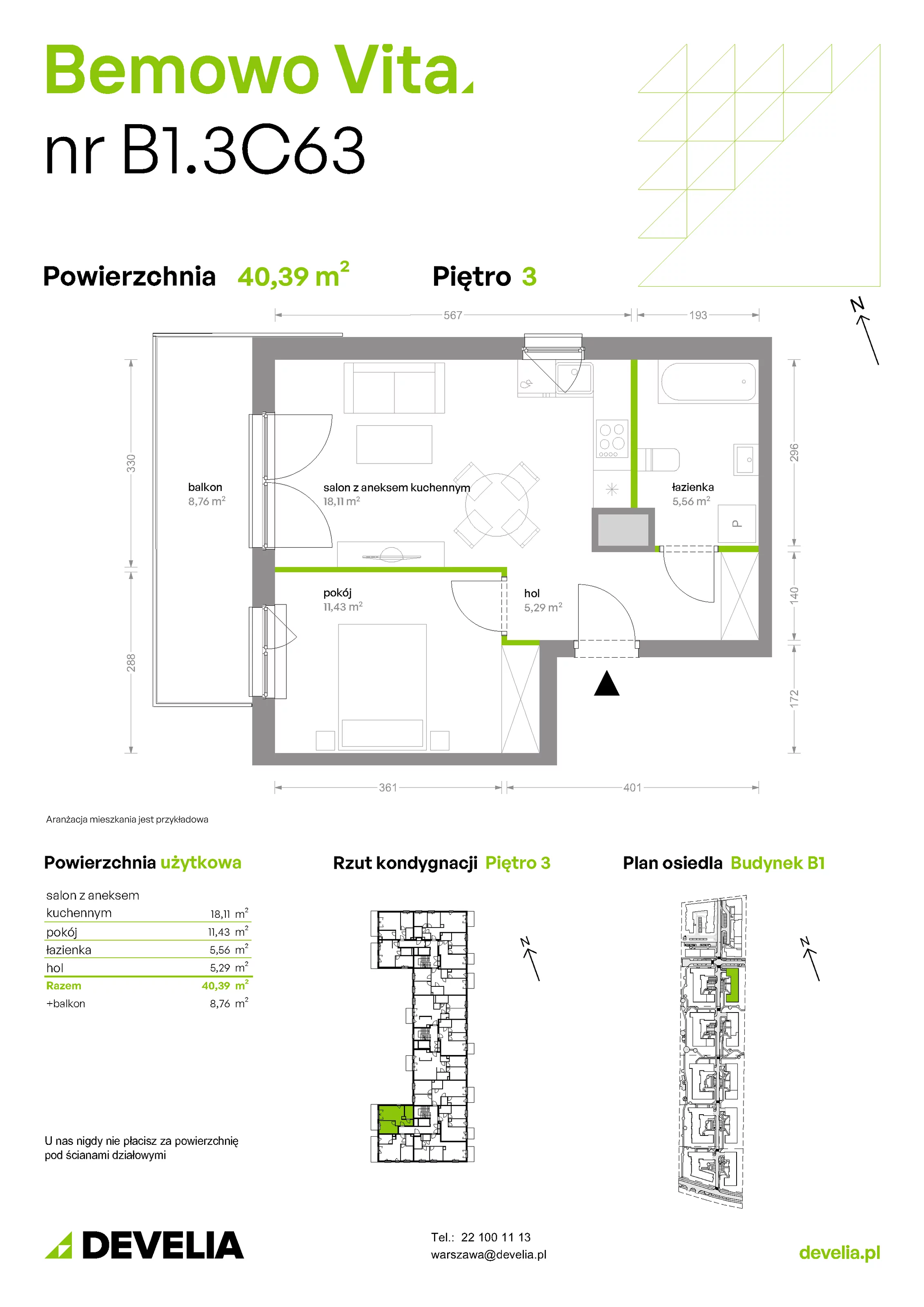 Mieszkanie 40,39 m², piętro 3, oferta nr B1/3/C63, Bemowo Vita etap II, Warszawa, Bemowo, Chrzanów, ul. Szeligowska 59